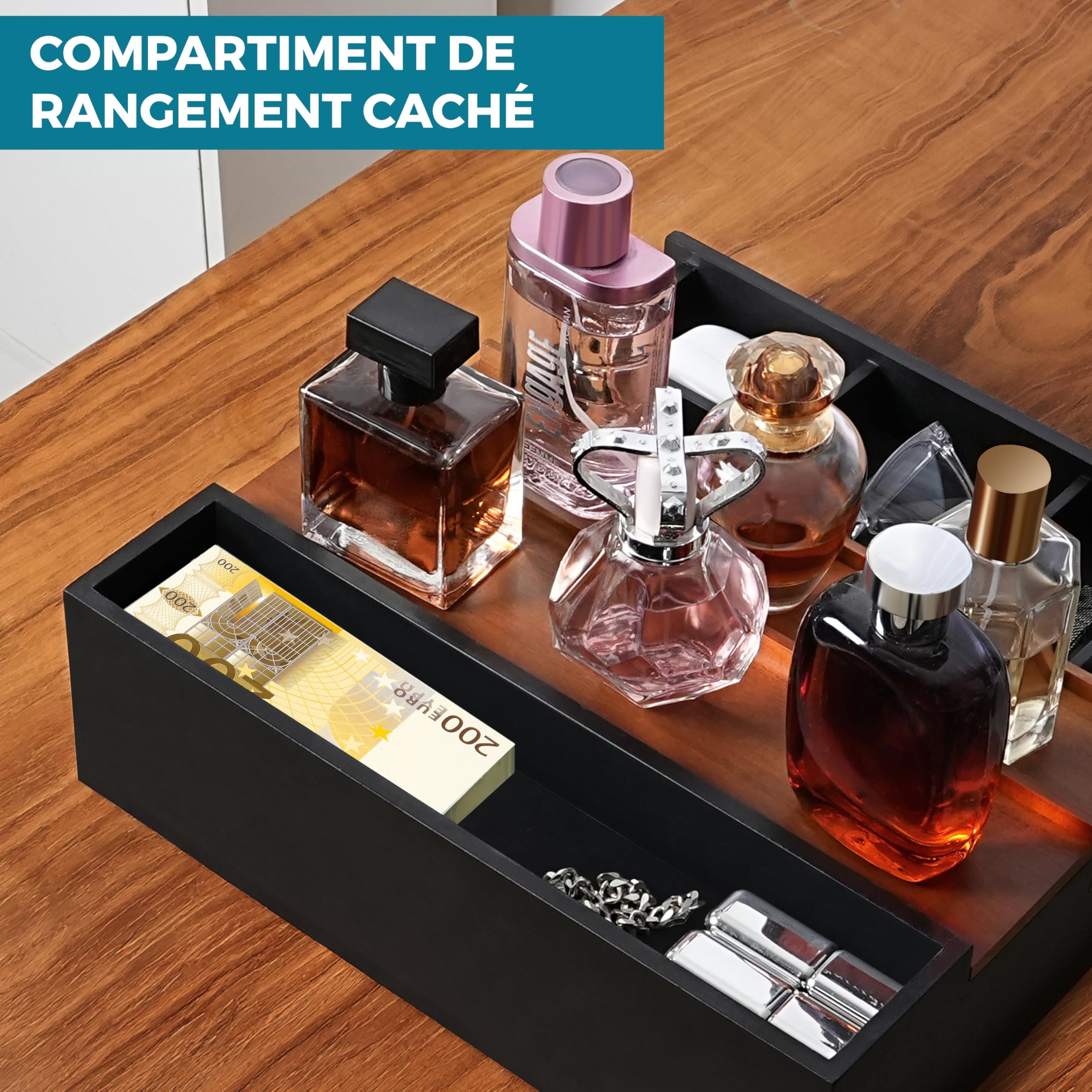 Winter Shore Presentoir Escalier en Bois avec Tiroir - Support Parfum avec Tiroir - Presentoir Parfum pour Hommes - Organisateur Coiffeuse - Rangement Parfum Organisateur à 3 Niveaux pour Comptoir