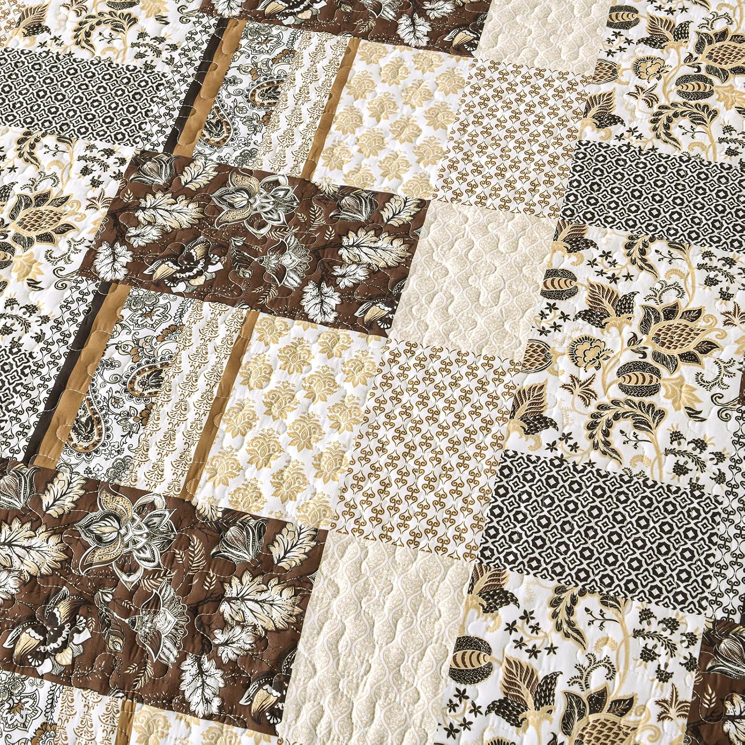 WONGS BEDDING Brown Quilt Set King Size，Brown Patchwork Plaid Printed Bedspread Coverlet Set，3 Pieces Soft Microfiber Boho Bedding Set (104"×90") - Image 8