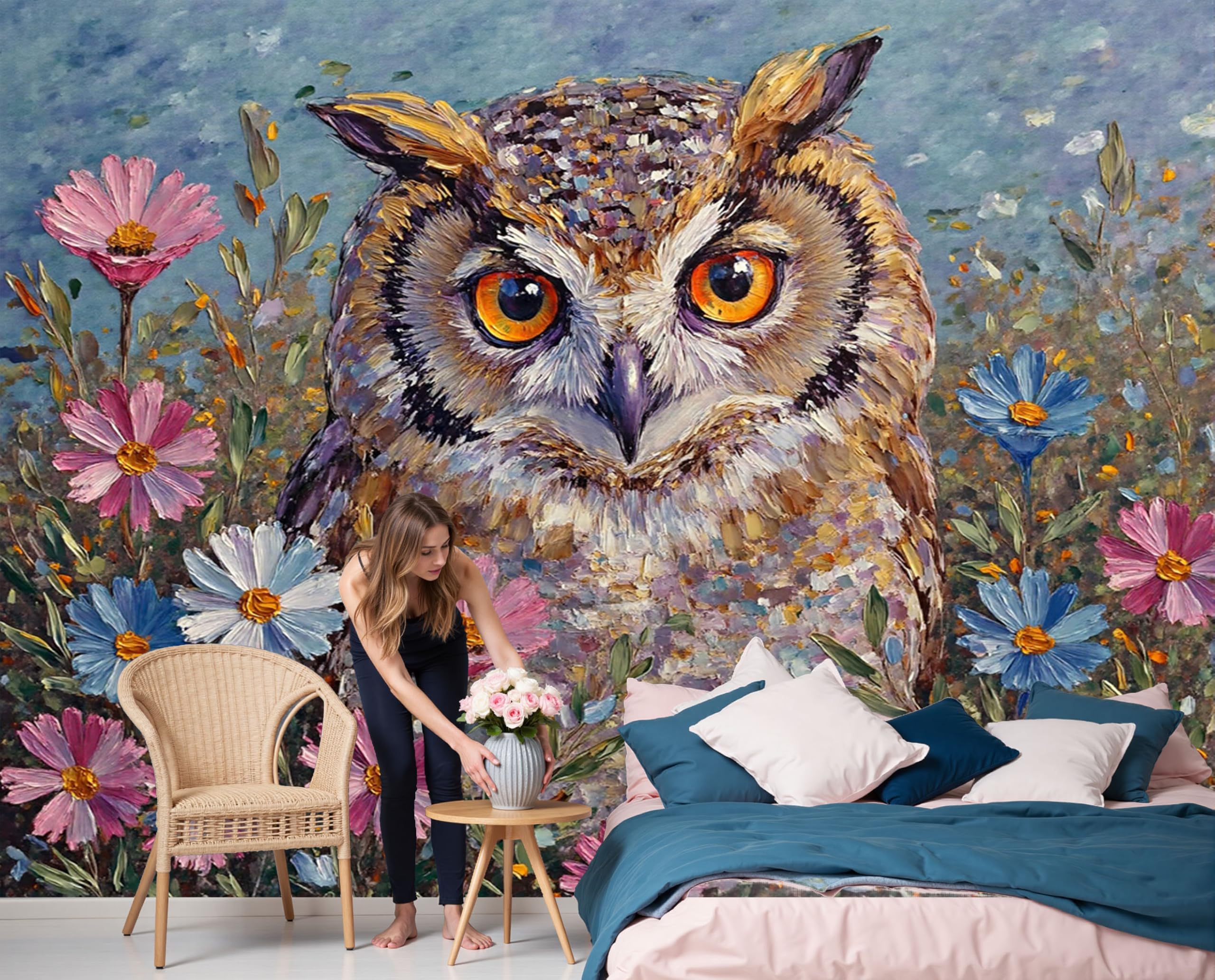 Papier peint panoramique 3D hibou bleu-brun 450x315cm pour grand mur de salon