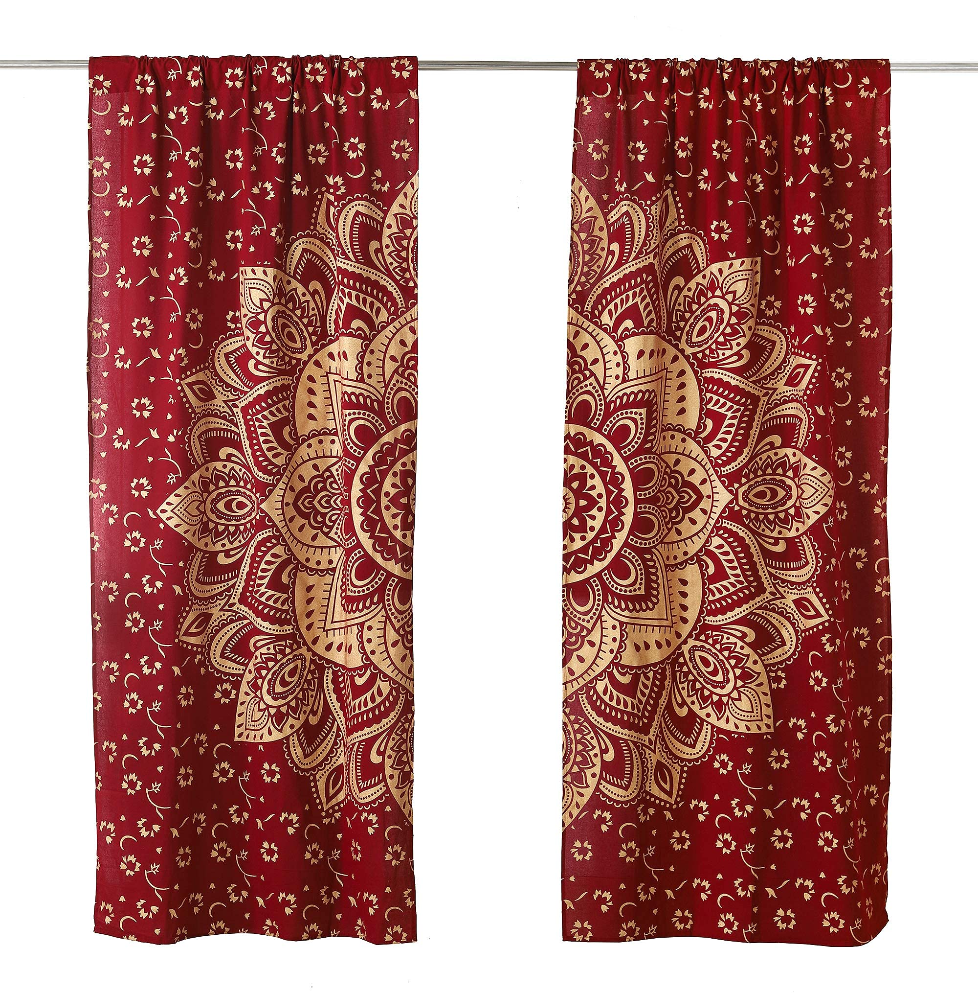 Tende Indiane Popular Handicrafts – 2 Pannelli In Cotone Stampato Mandala – Sfumato Verde/oro, 63,5x188 Cm – Stile Bohémien