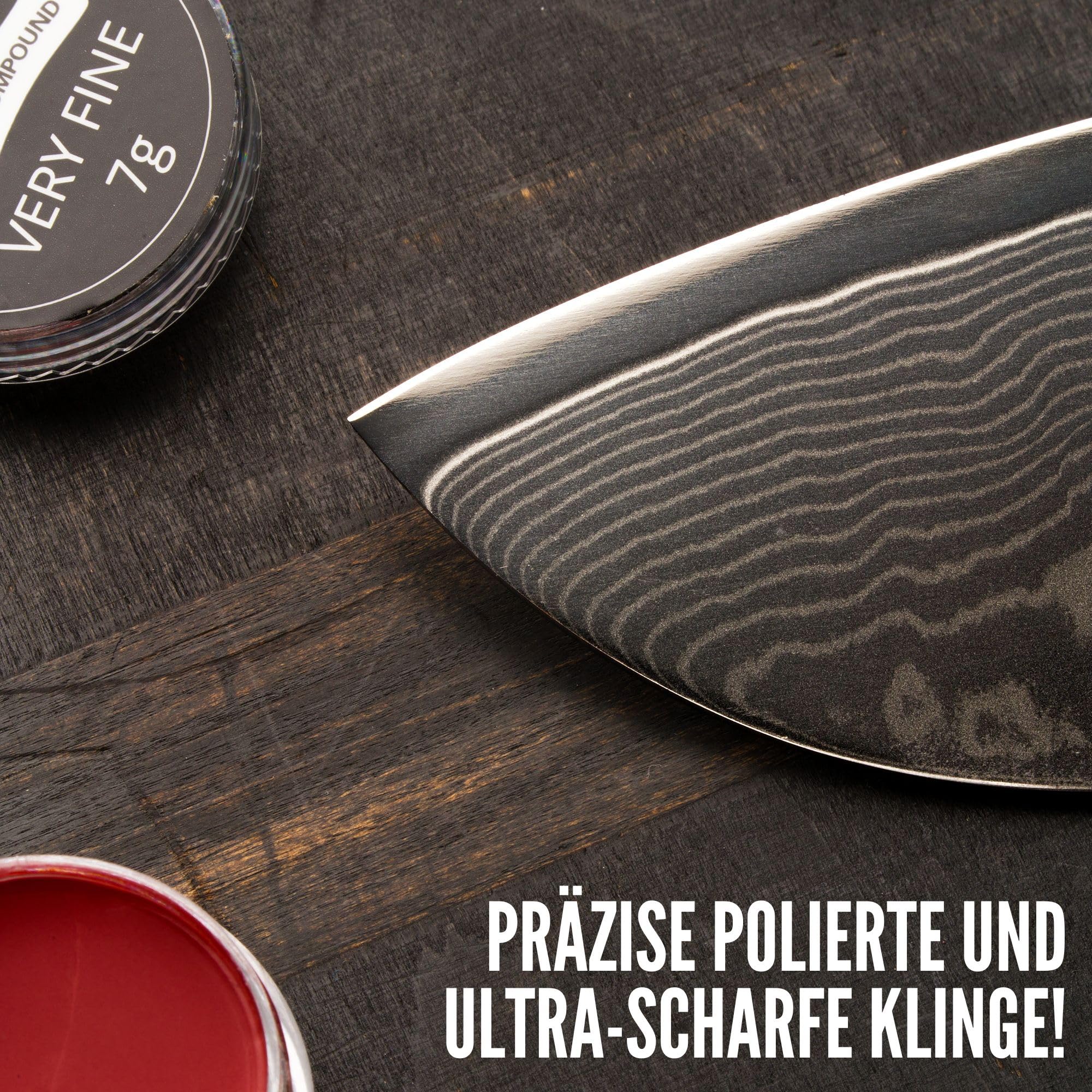 Bacher Premium Leder Streichriemen Abziehleder für Messer set mit 4 x 7g Polierpaste. Paddelgriff aus Hartholz, mit 1/8" starkem, rindengegerbtem Rindleder bezogen