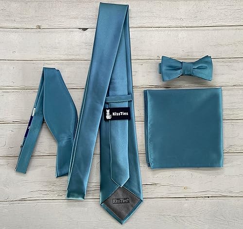 Vista 31 de KissTies Juego de corbatas de satén para hombre + pañuelo de bolsillo Rojo