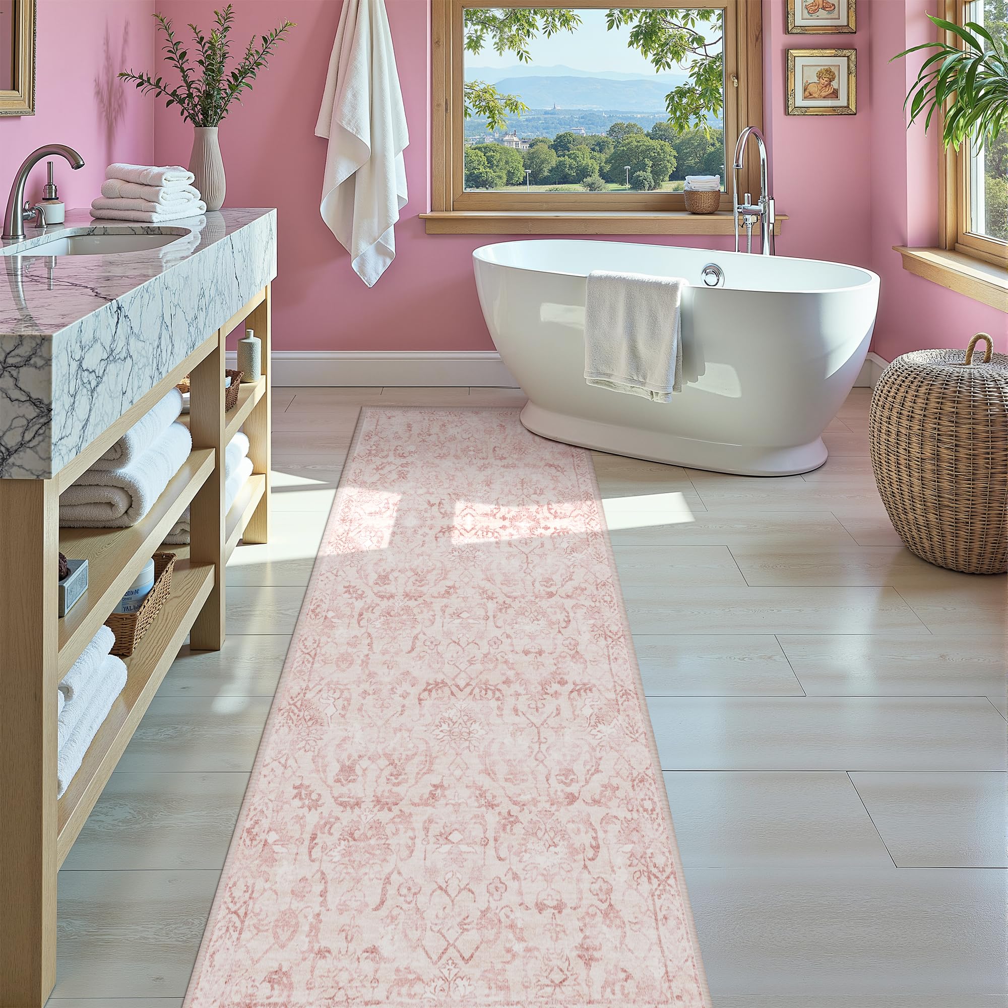 Photo 1 of **DIRTY**
Pink 3x7 Runner Rug for Hallways Bed Side Kitchen, Boho Washable Distressed Low-Pile Floor Entryway Long Bathroom Mat, Non-Slip Laundry Room Washstand Front Carpet 36x84 Inch