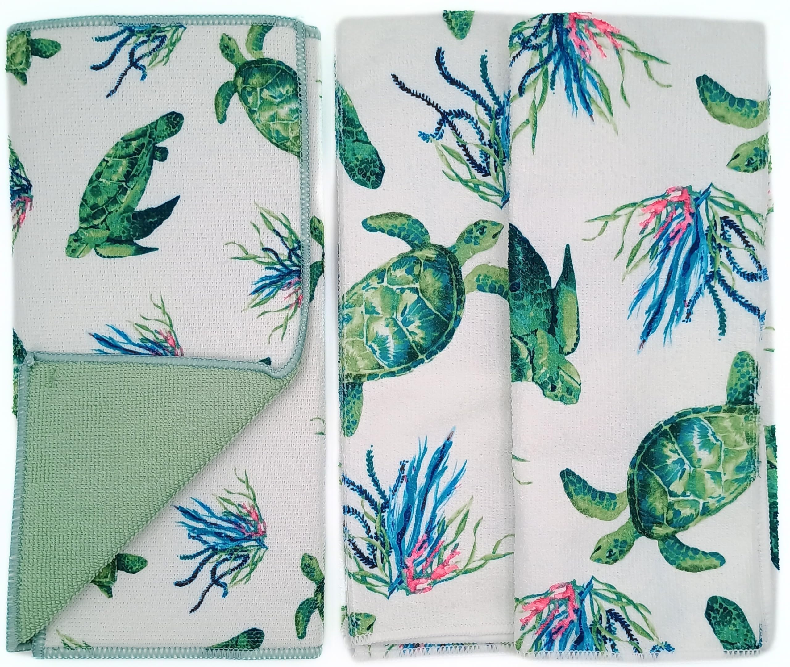 Sg6 Sea Turtle Kitchen Towel Set, 2 Decorative Towels 15x25 inches and Drying Mat 12x18 inches, Coastal Design, Light Weight, White and Green