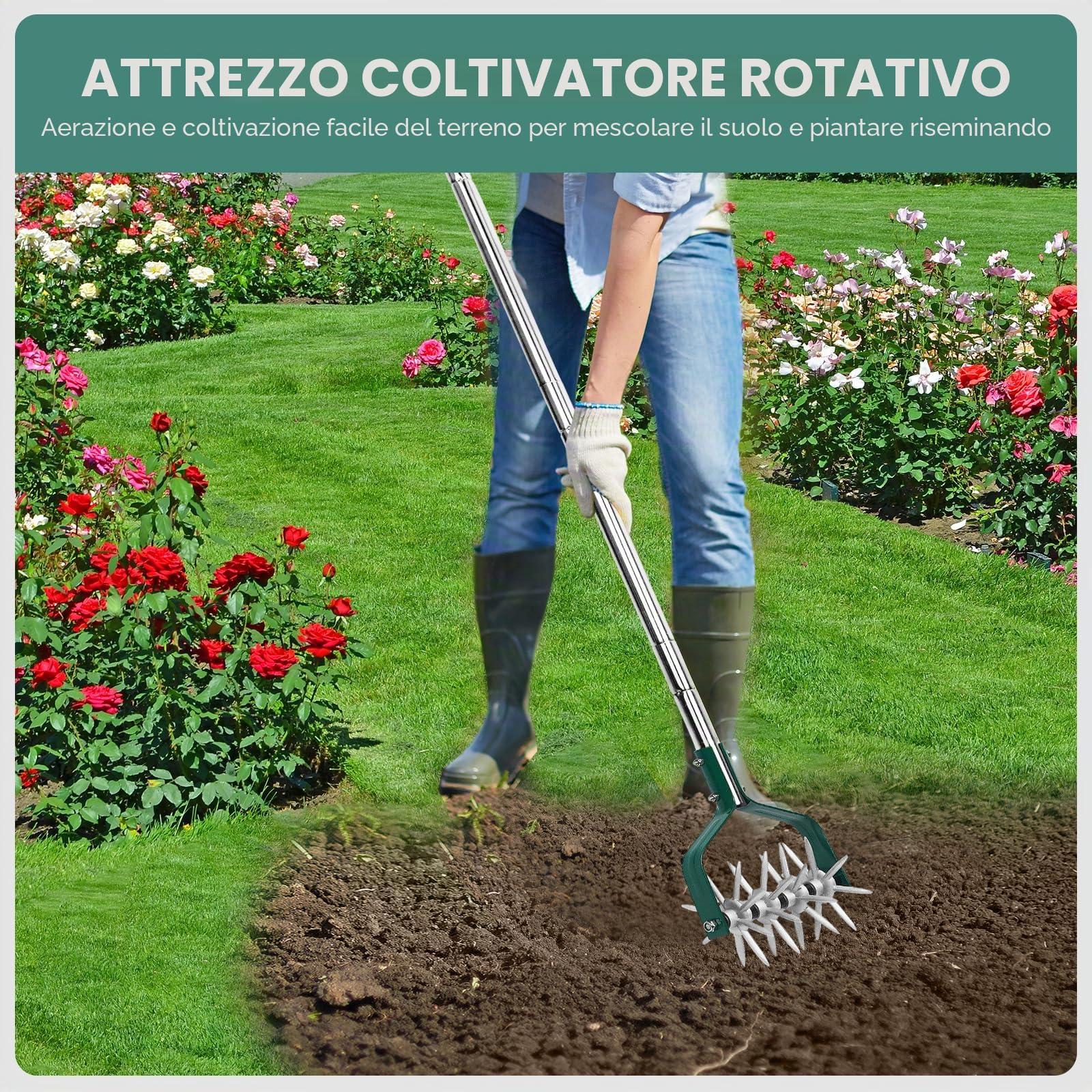 Yeelor Coltivatore rotante con manico regolabile S/S con denti in metallo solido staccabili coltivatore da giardino coltivatore da giardino e fresa manuale per allentare e mescolare il terreno
