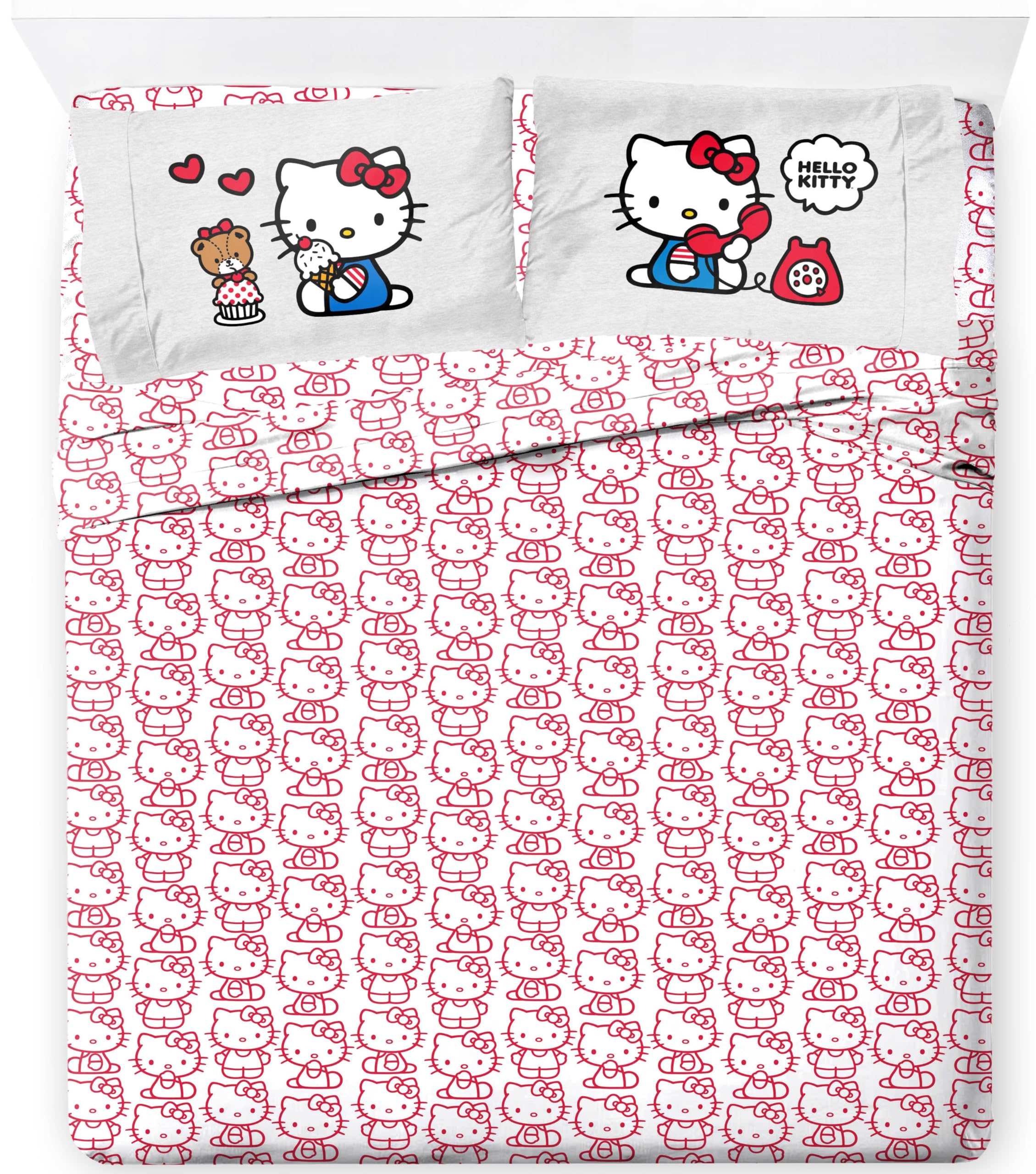 Jay Franco Sheet Set with Fitted, Flat Sheets & Pillow Cover - Ultra-Soft Bedding with Pillowcase for Room Decor, Red - Hello Kitty, 4 Piece Full