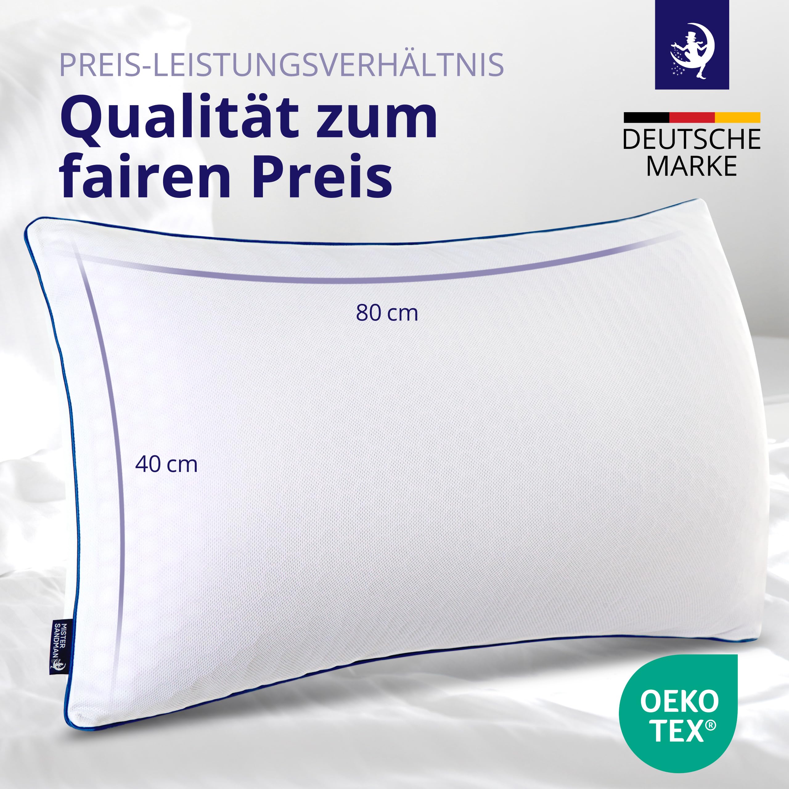 Mister Sandman Kopfkissen 40x80 cm – Ergonomisches Memory-Foam-Kissen für Seiten-, Rücken- und Bauchschläfer, Nackenstützkissen für erholsamen Schlaf, atmungsaktiv & waschbar