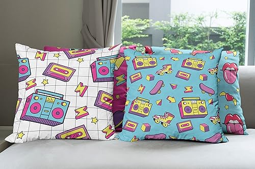 Miniatura 3 de Ambesonne Paquete de 4 fundas de cojín de arte pop Art con forma de pernos de labios, monopatines, casetes retro y radios, cómics con acento