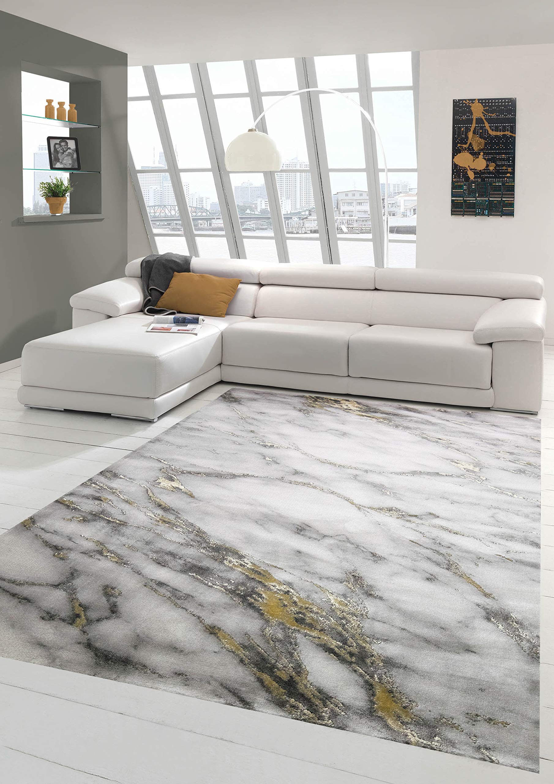 Teppich-Traum Kurzflor Teppich Marmor Grau Gold 80x300 cm | Pflegeleicht, schmutzabweisend, strapazierfähig, allergikerfreundlich, seitlich gekettelt, OEKO-TEX geprüft, 12 mm Flor