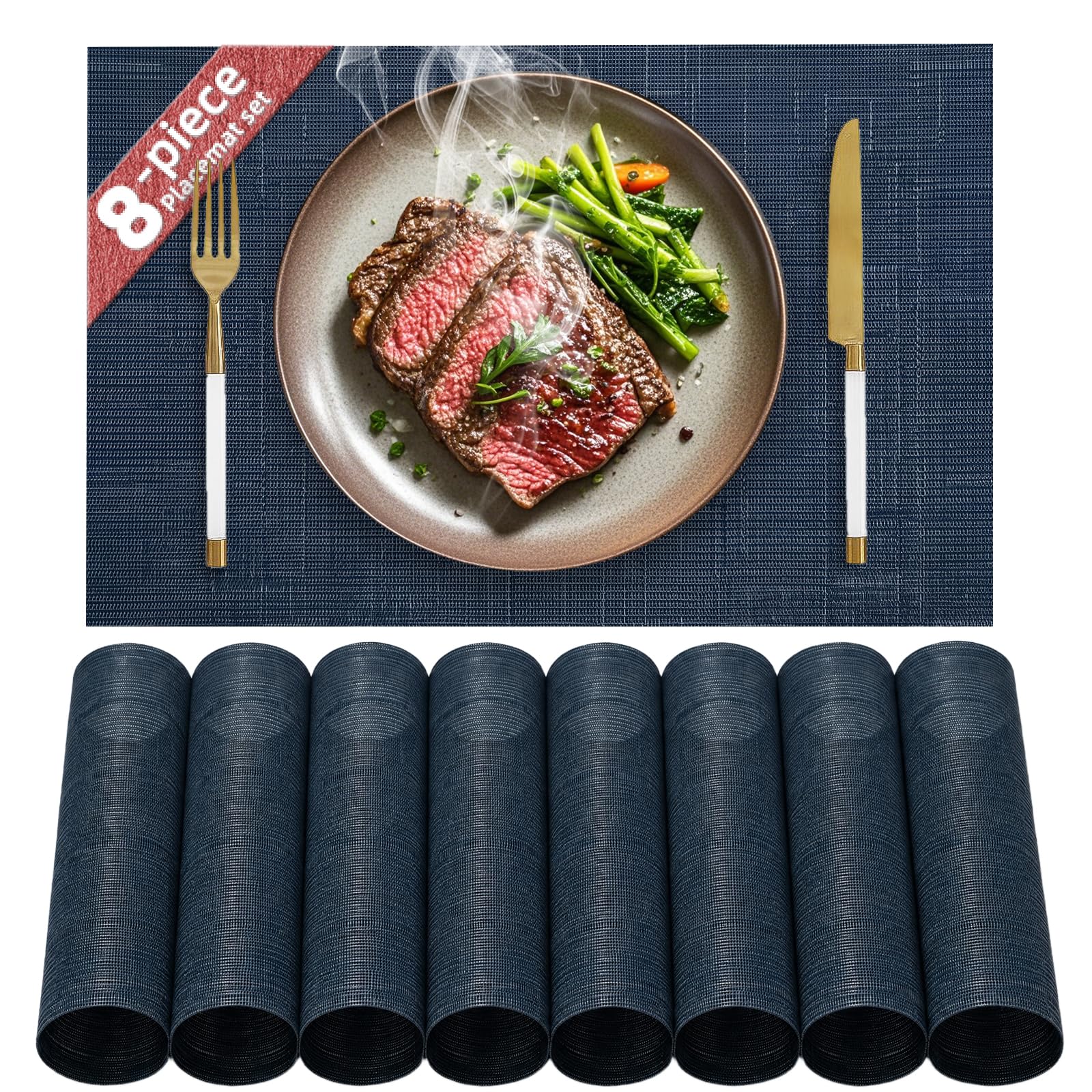HELI MIAO Table Mats Set of 8, PVC Place Mats Washable Non-Slip & Heat Resistant, Wipe-Clean Woven Placemats for Kitchen Dining Table Hotel, 17"X12" – Dark Blue — image 1
