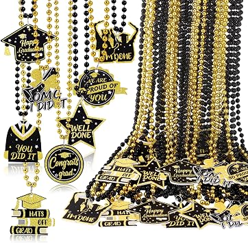 24 Pcs Graduation Bead Necklaces, Black Gold Graduation Cap Pendant Beads Necklace, Graduations Gifts Necklaces Bulk for Students School Graduate Party Favor