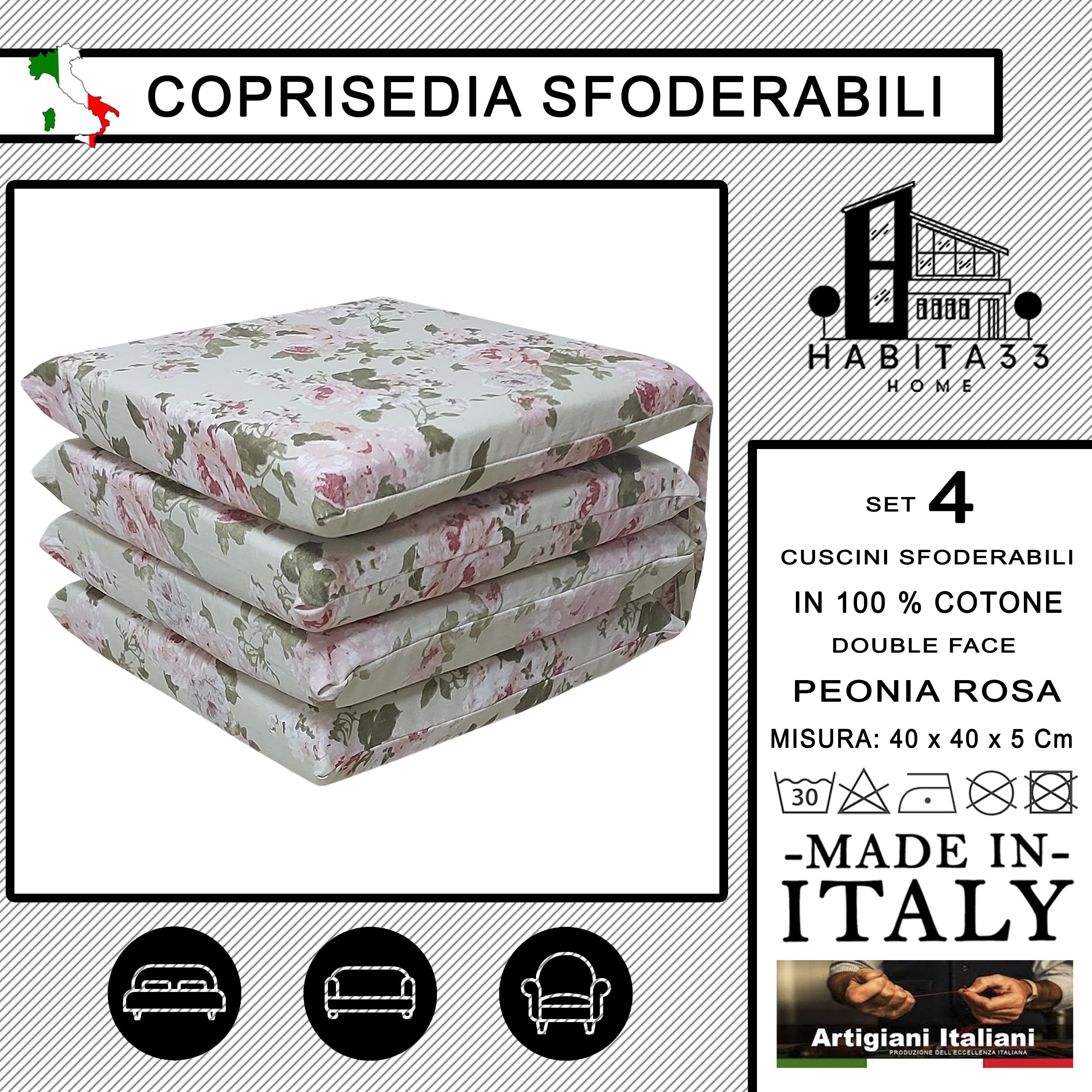 Cuscini Sedie Cucina Set 4 Peonia Rosa, Cuscini Quadrati 40x40 cm, Coprisedia con Laccetti, Sfoderabili, 100% Cotone Double Face