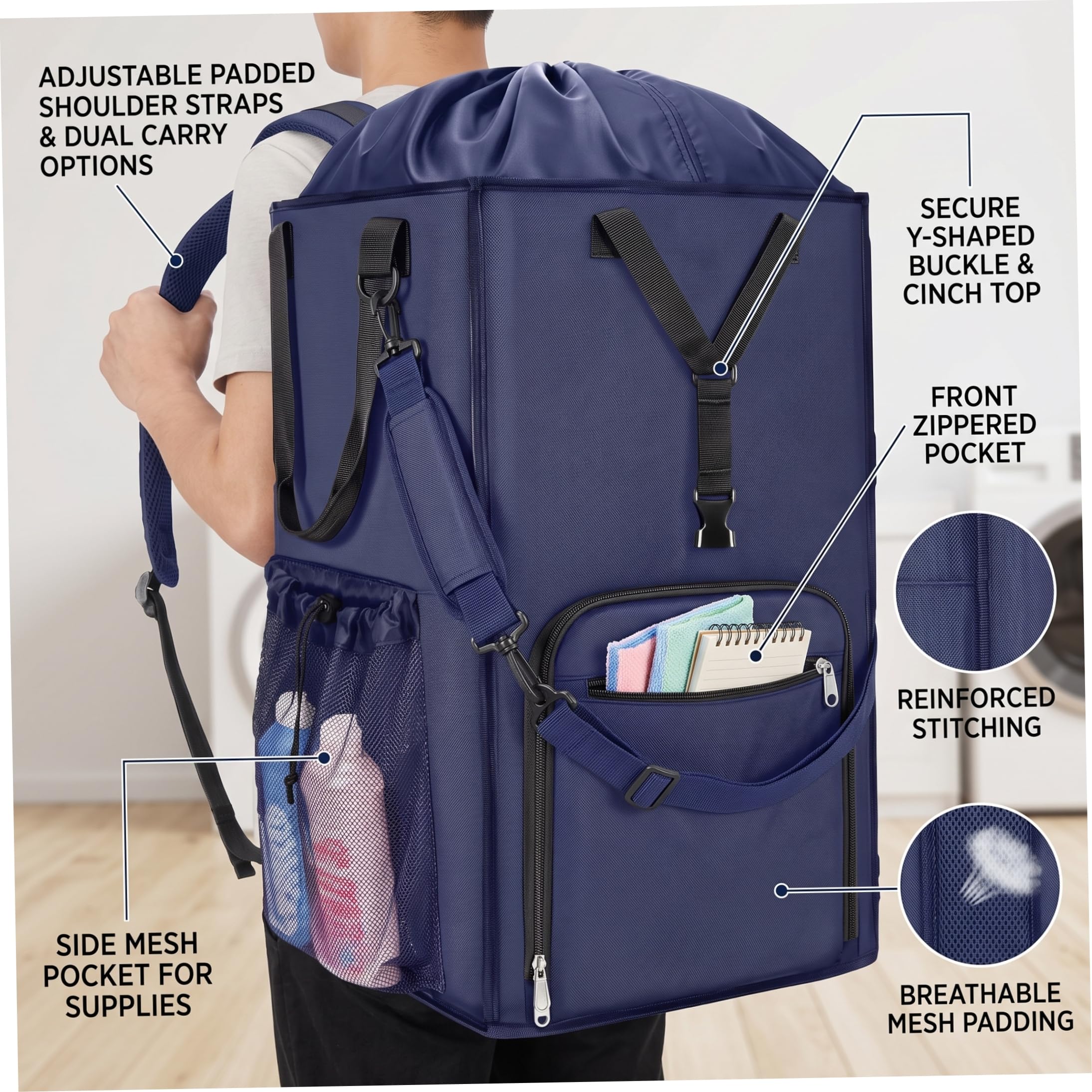 Wäschesack-Rucksack – faltbarer College-Wäschesack, 2-in-1, erweiterbarer, tragbarer Stauraum mit mehreren Taschen für Wohnheim, Reisen, Blau