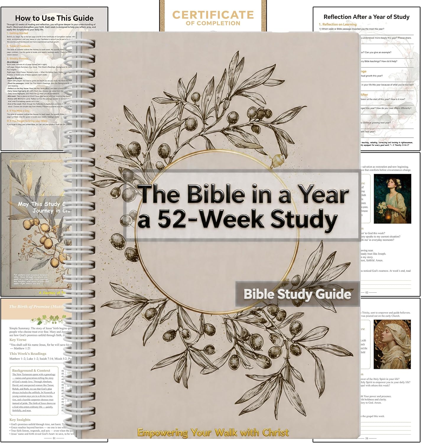 Bible Study Guide Spiral Bound - Bible in a Year 52 Week Study Journal, 8.5" x 11" Christian Gifts for Women, Beginners, Daily Devotionals