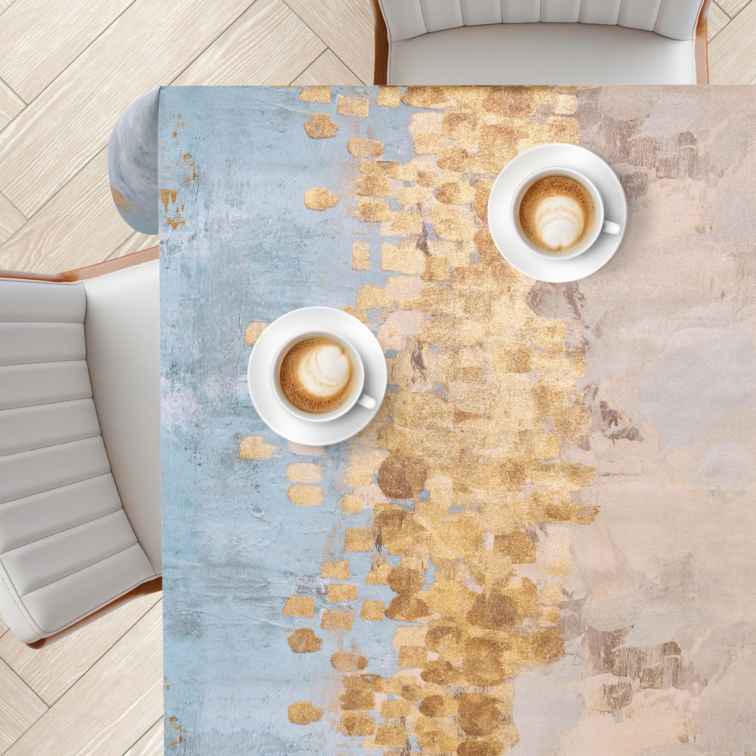 KP HOME Beige and Blue Wipeable Tablecloth Square 55.1"x 55.1" - 140x140 cm - Plastic Table Cover with Golden Painting - Waterproof PVC Table Cloth Wipe Clean for Indoor and Outdoor Oilcloth