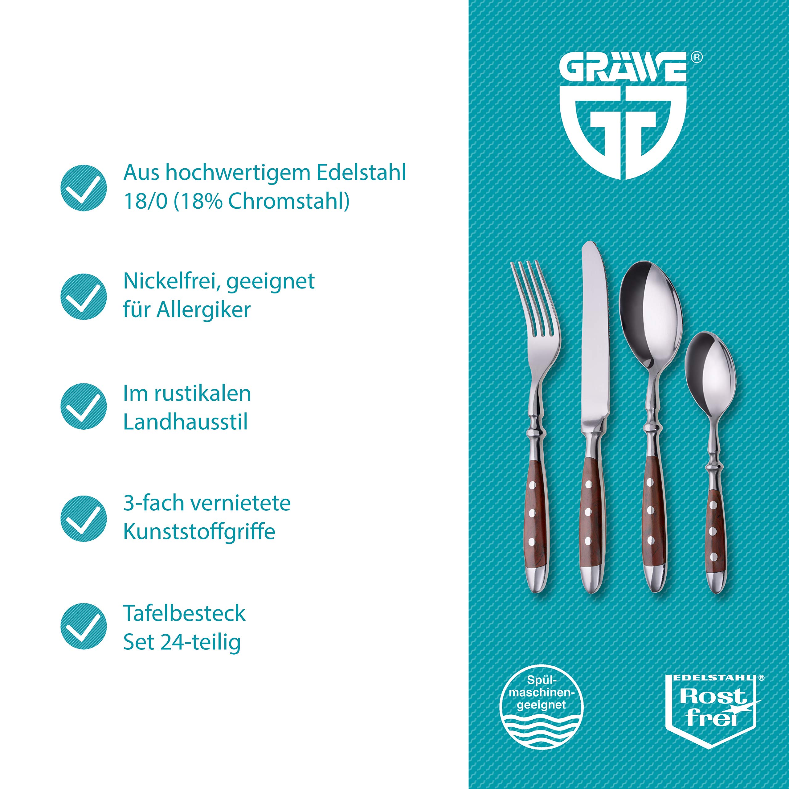 GRÄWE Zestaw sztućców dla 6 osób ze stali nierdzewnej, ciężki, rustykalny, 24-częściowy, kute sztućce z brązowymi uchwytami - seria Norymberg