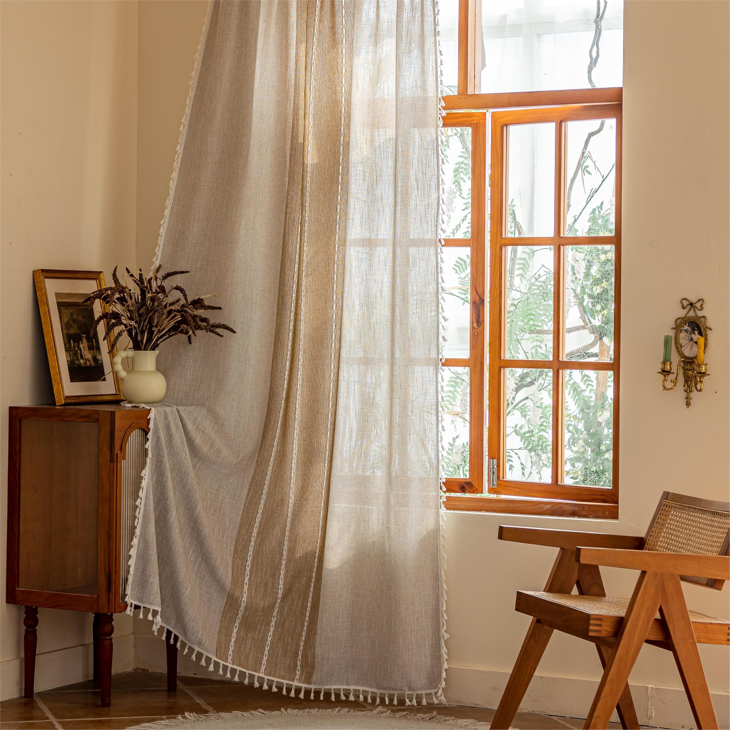 Sutuo Home Boho Rod Pocket Curtain, 52x90 in, Khaki Linen, 1 Panel, 90% Cotton Hemp