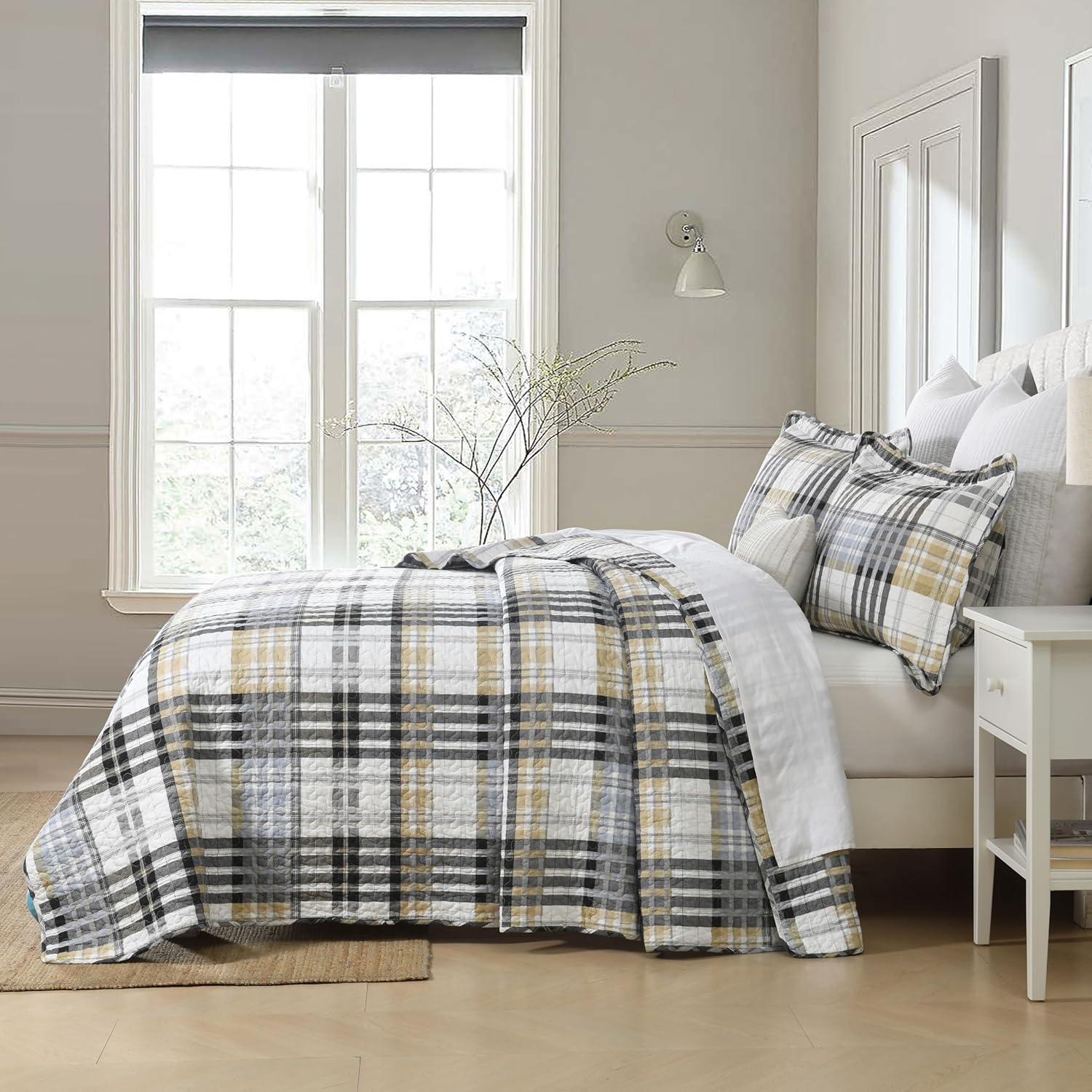 Quilts Queen Size, Cotton Queen Size Comforter Set, Brown Black Grey White Striped Bedding Sets, Plaid Queen Bedspread,Striped Bed Set Lightweight Reversible All Season 3 Piece - Image 3