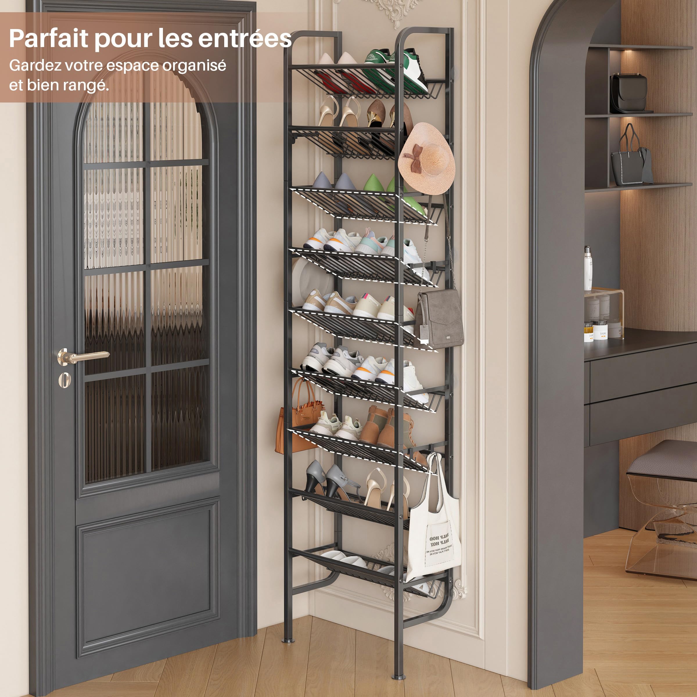 Étagère à Chaussures pour Porte, Noir, 45,4 x 20 x 175 cm | 9 Niveaux, Métallique, ModèLe Ouvert avec 12 Crochets - Garde-Manger, Couloir, Salon