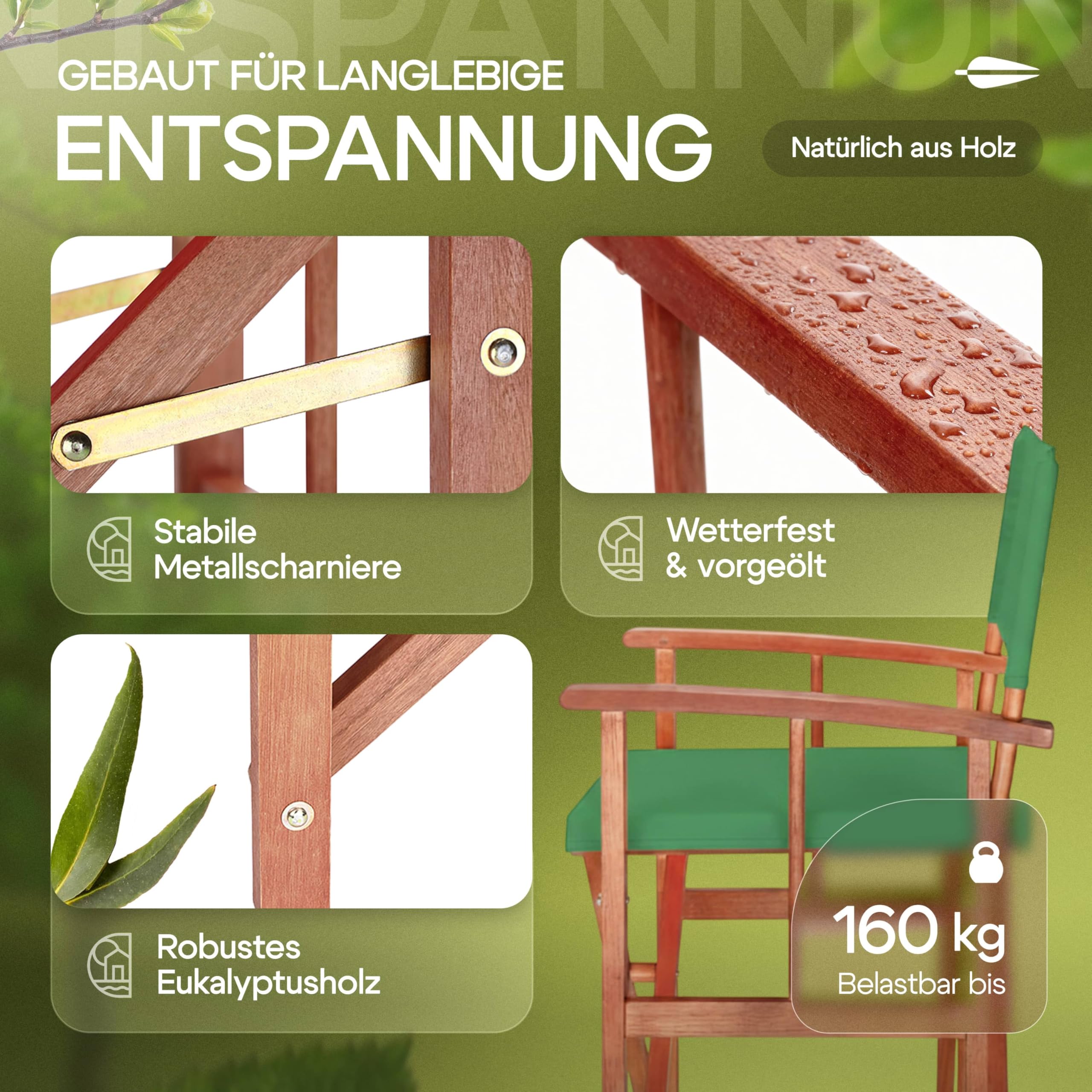 Casaria® Regiestuhl 2er Set aus FSC® Eukalyptusholz - Klappbarer Gartenstuhl mit Armlehnen, waschbarem Bezug & 46 cm Sitzhöhe, bis 160 kg belastbar - Holzstuhl für Balkon, Terrasse & Camping