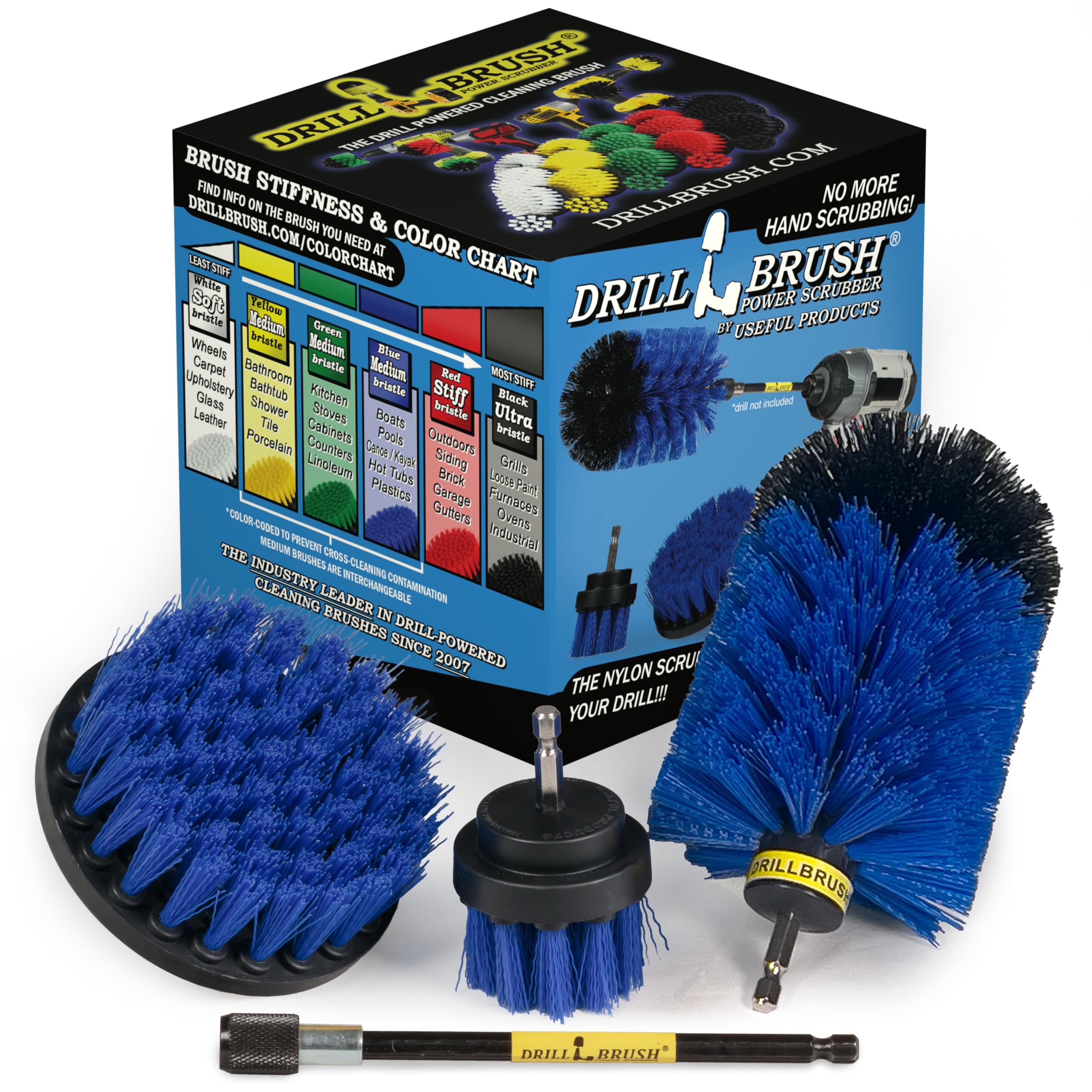 Aquatic All-Purpose Cleaning Brush Set - Medium Stiffness Blue Brushes - Long Reach Extension Attachment Kit - Aquarium Cleaning Products - Fish Tank Cleaner Brushes - Boat Scrub Brush - Hull Scrubber