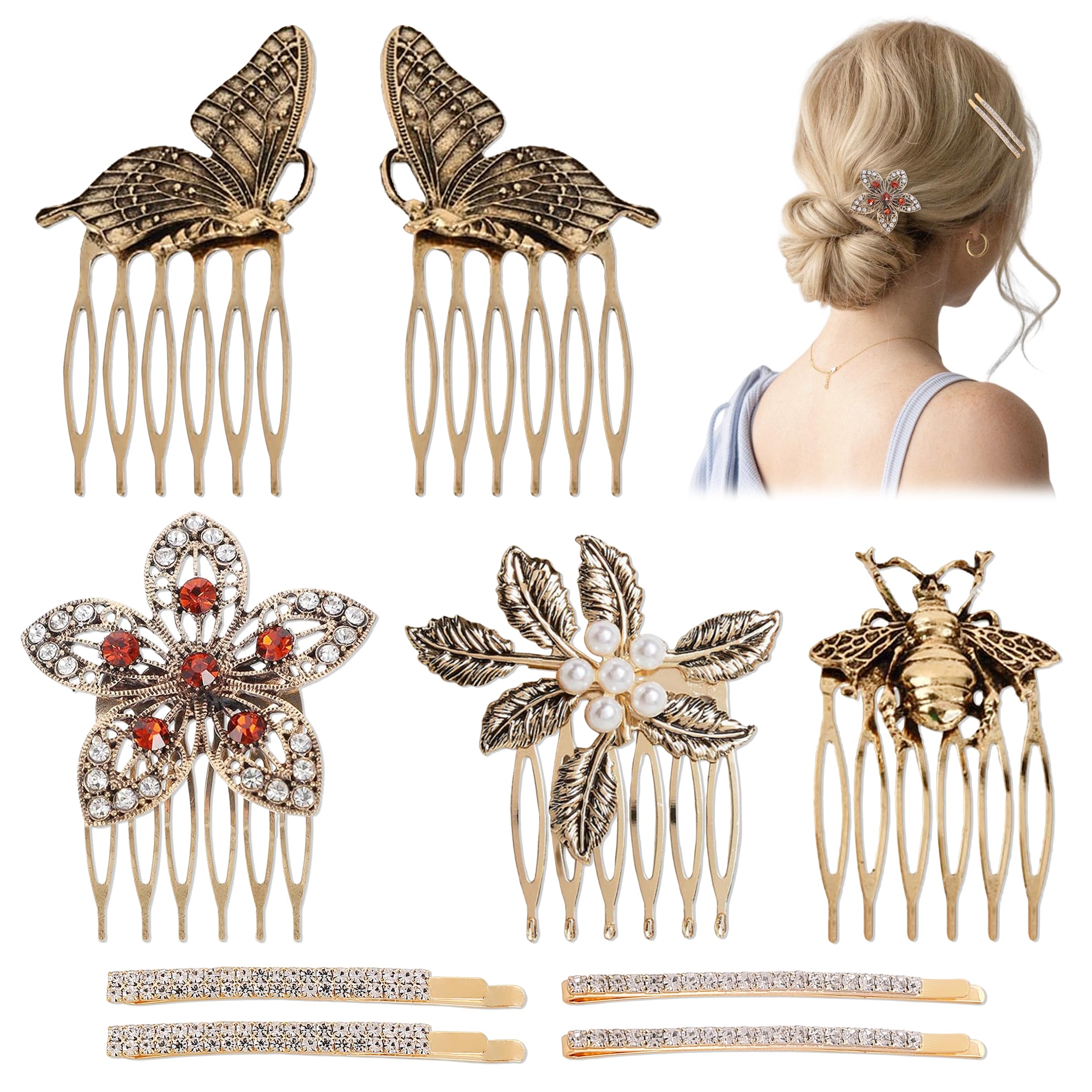 Pettini Laterali per Capelli Vintage per Donna Decorativi, 5 Pettini Laterali da Inserire e 4 Clip Capelli con Strass Artificiali, Farfalla Fiore Ape Accessori Capelli Forcine