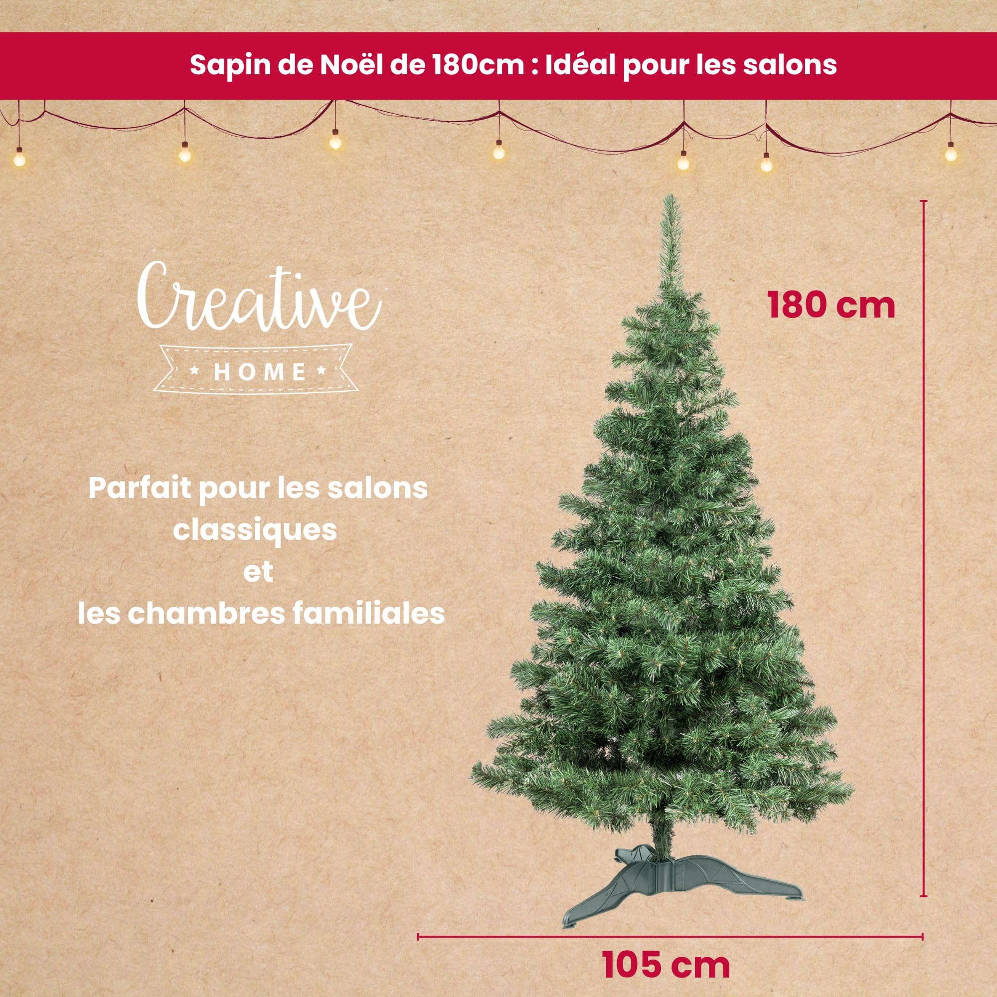 Creative Home Sapin de Noel Artificiel | Taille : 180 cm | Decoration Noel Pliable | Support Stable à Branches Denses | Sapin de Noël Artificiel Vert Foncé | Intérieur et Extérieur