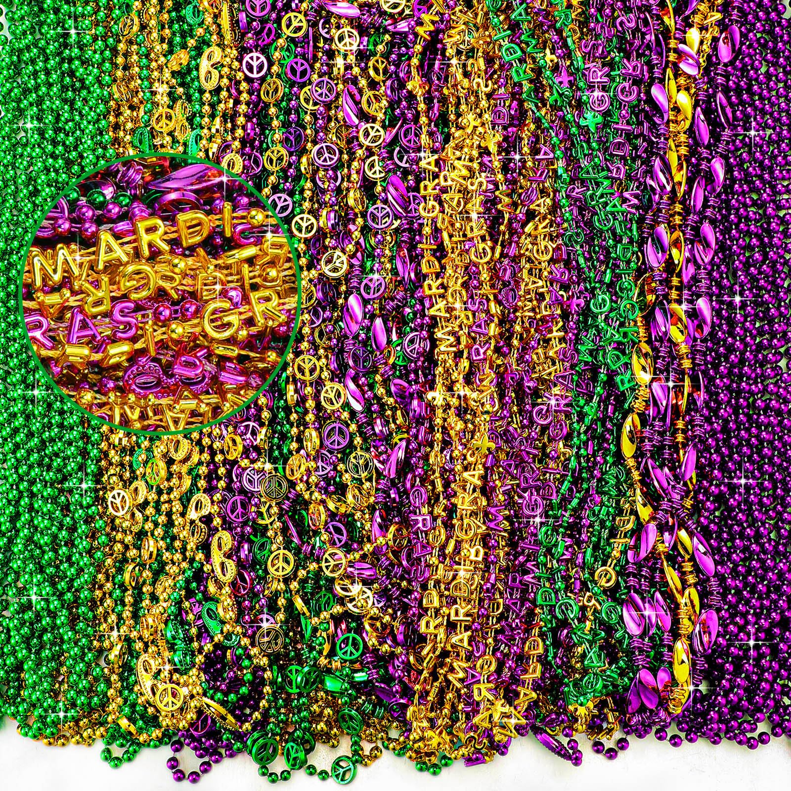 Quelay 270 Pcs Mardi Gras Beads Necklace Throws Bulk Purple Gold Green Carnival Beaded Necklaces for Parades Decoration, Mardi Gras Festivals, Masquerade Ball, Costume Party