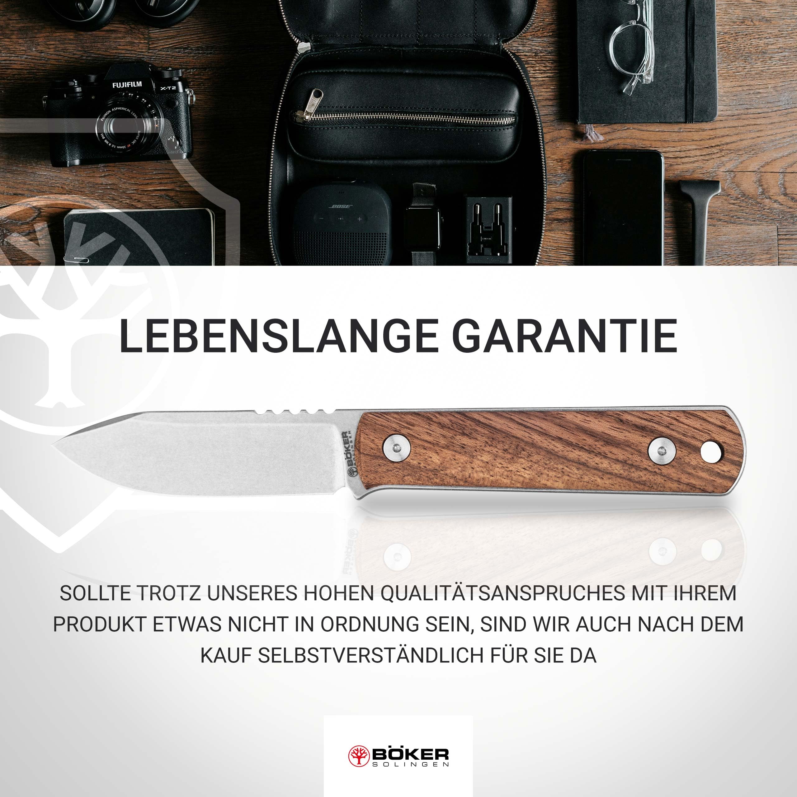 Böker SOLINGEN® BFF Packlite Walnuss – EDC Neck Knife mit feststehender 6,5 cm Klinge – Skelett-Messer extra leicht mit Holz-Griff - Halsmesser handgemacht mit Kydex-Scheide – Made in Germany
