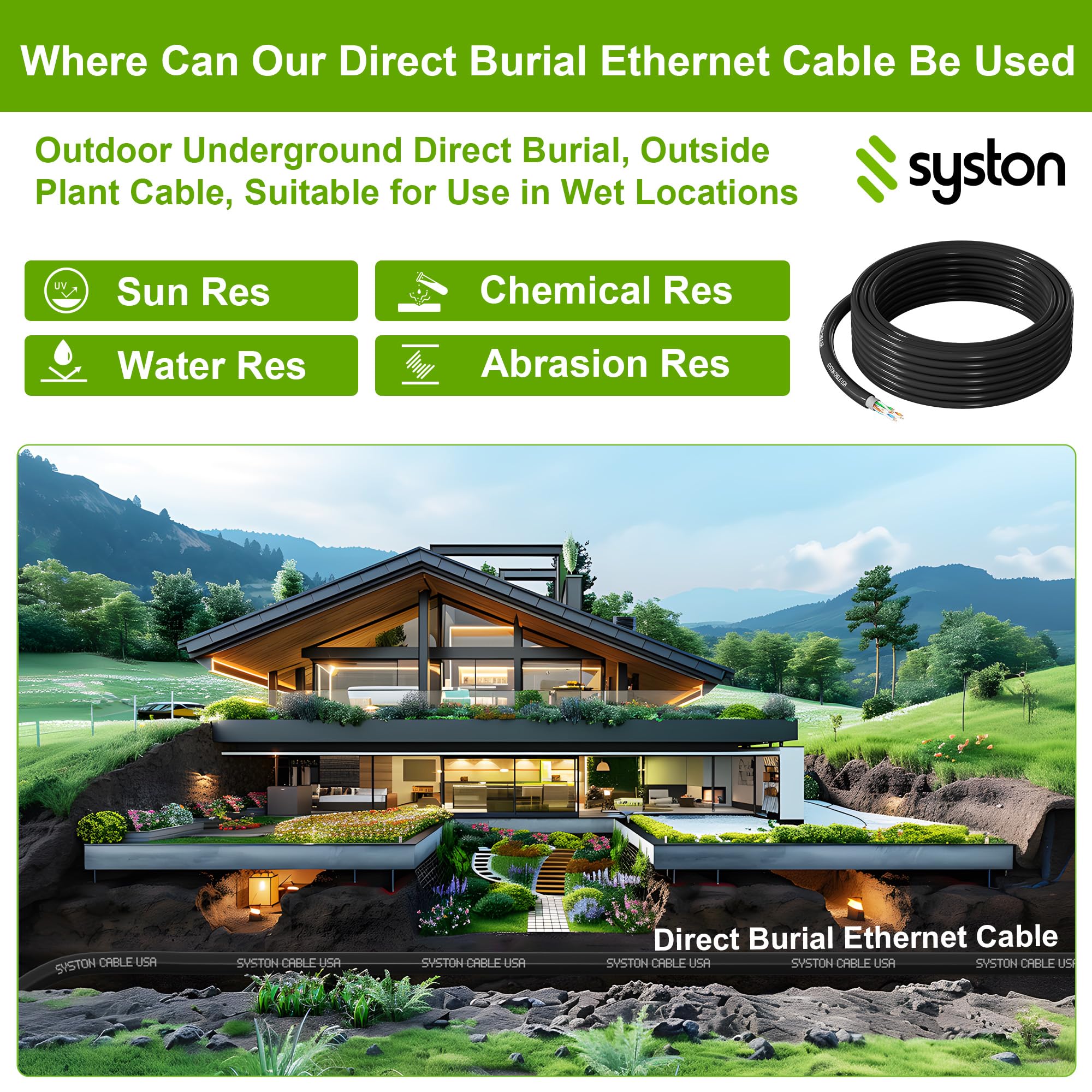 Syston Direct - Cavo di rete Ethernet Cat 6A+ da 700 MHz, UTP 23 AWG per piante esterne (OSP), classificato, filo di rame puro nudo, rivestimento impermeabile a doppio strato per ambienti esterni
