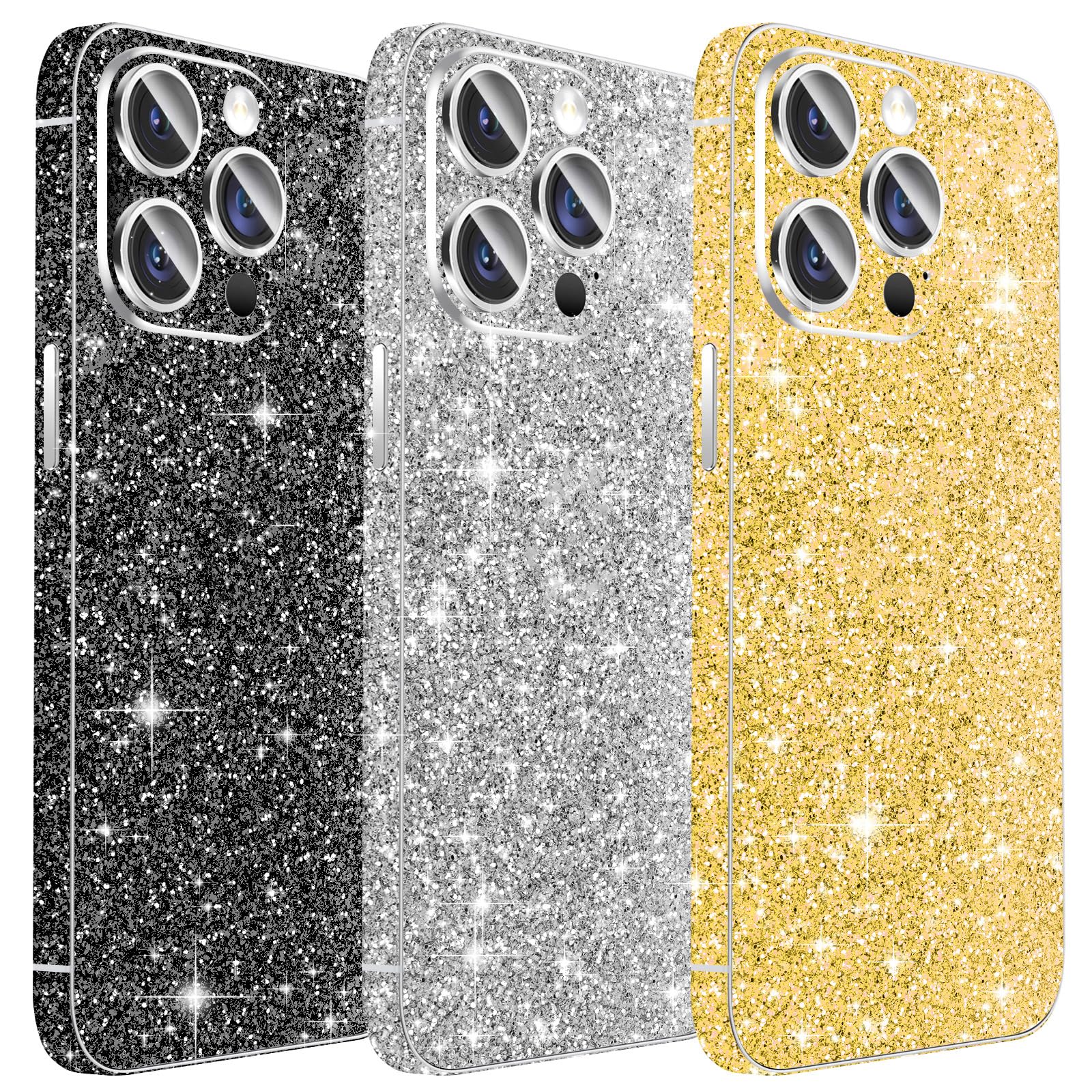 3PCS Sparkling Skin Protector for iPhone, Kucheed Bling Glitter Shiny Grain Full Cover Edges Sticker, Precise-Fit Back Protector/Luxury Wraps/Bling