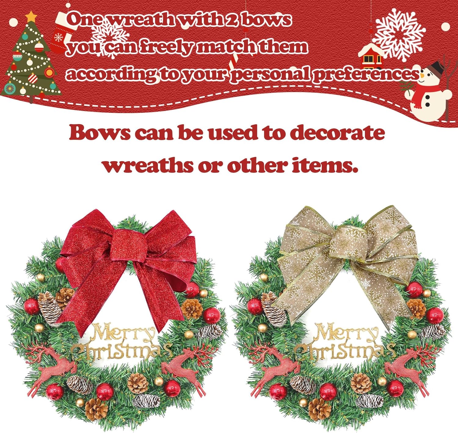 Christmas Door Wreath, Wreaths for Christmas Decor, Holiday Wreath Flocked with Pine Cones, Ball Ornaments and 2 Bows, Indoor Outdoor Decorations, Beautiful on Wall, Window, and Mantel, 18 inches - Image 2