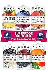 NOKA Superfood Smoothie Pouches (Variety) 6 Pack, 100% Organic Healthy Fruit And Veggie Squeeze Snack Packs, Meal Replacement, Non GMO, Gluten Free, Vegan, 5g Plant Protein, 4.2oz Ea (Packaging May Vary)