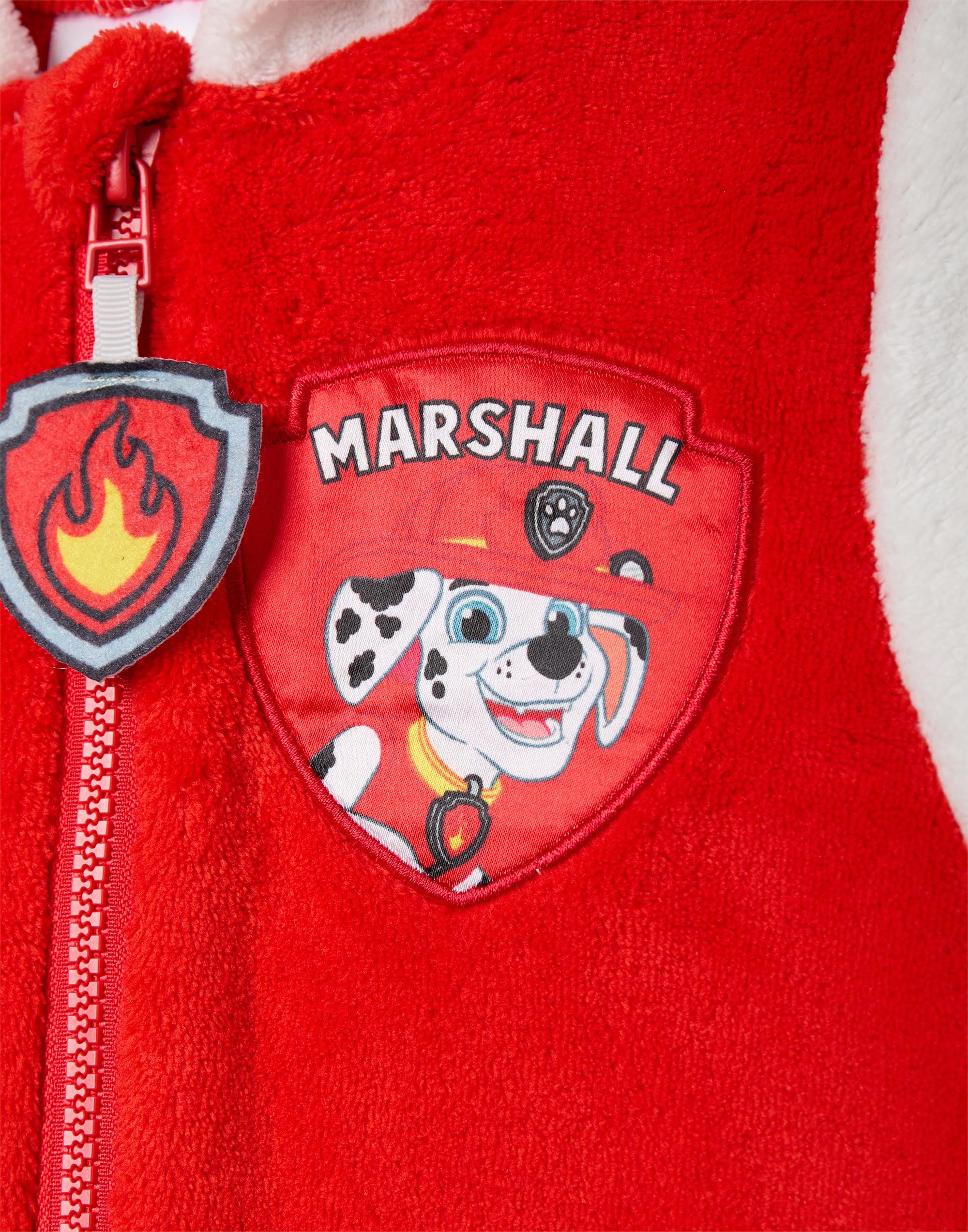 Paw Patrol Marshall Tutina per Bambini e Bambine | Pigiama Tutto-in-Uno per Bambini in Bianco e Rosso | Tuta da Notte Unisex con Cappuccio Ricamato e Orecchie 3D