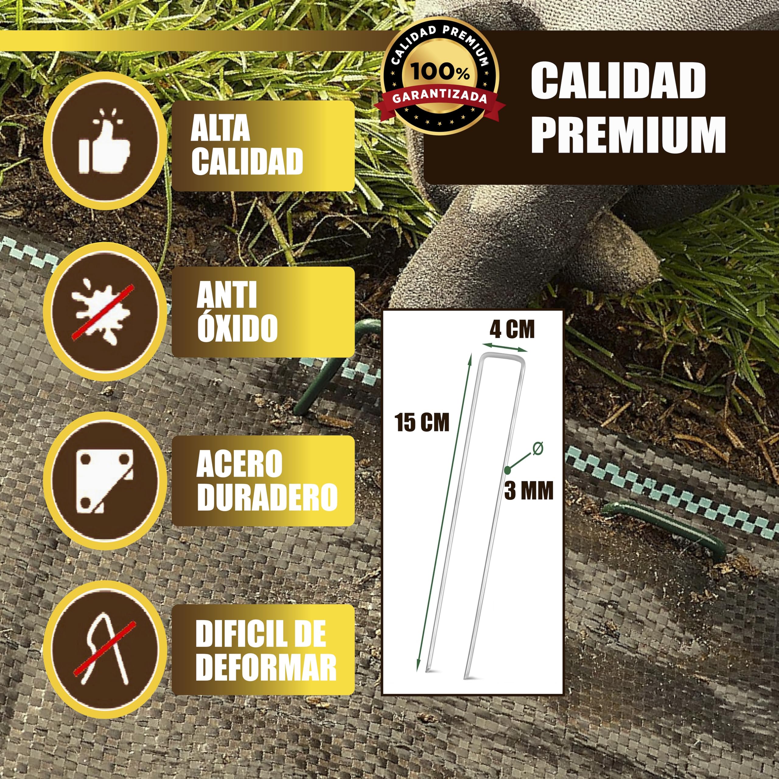 GREENGOF Grapas Verdes para Cesped Artificial, Malla Antihierba y Jardin, 100Unds - Acero Galvanizado, 15x4cm, Ø3mm - Ultra Resistentes y Anticorrosivas - Piquetas de Jardín, Anclaje al Suelo.