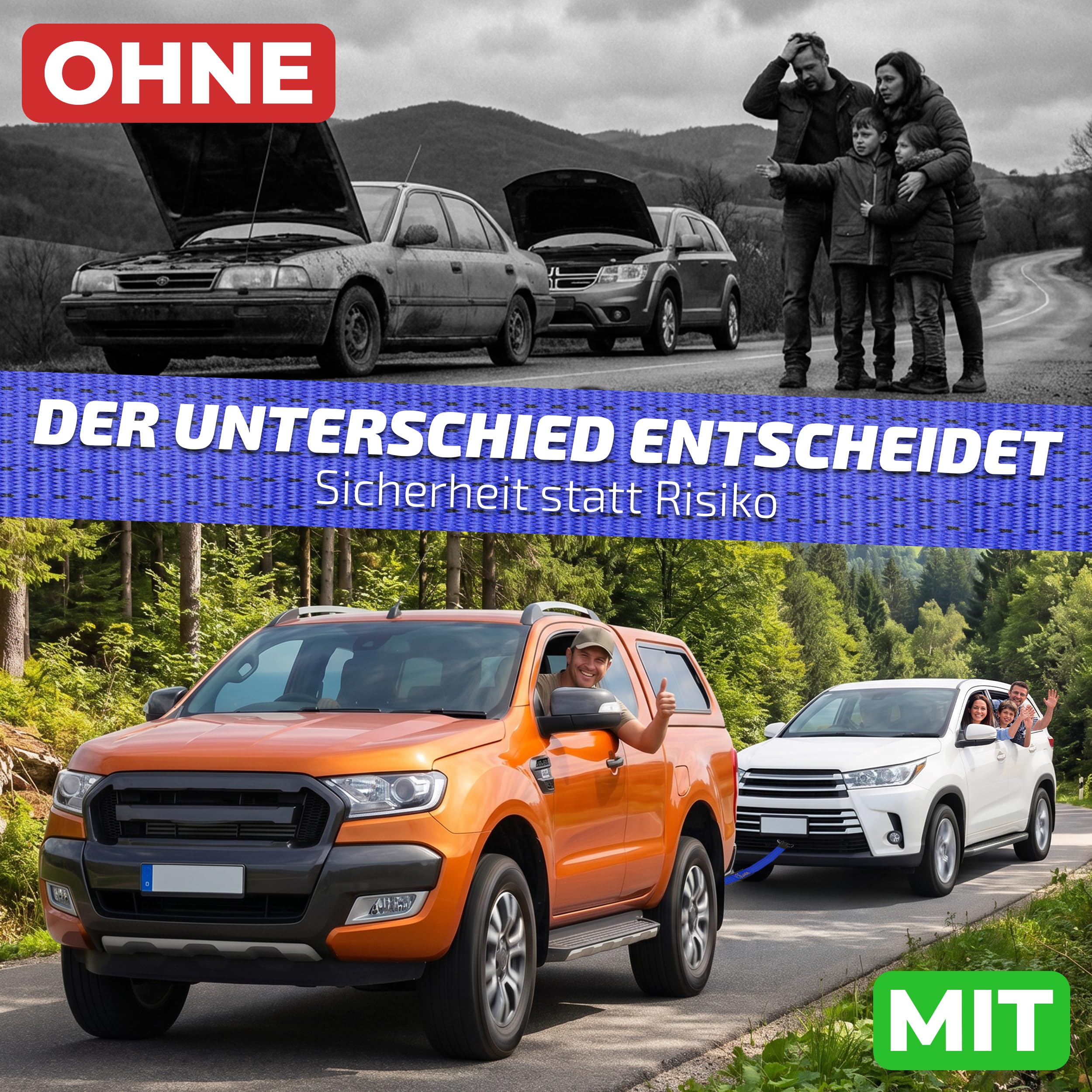 Kiwan Pro Abschleppseil WLL 10 t Maximale Sicherheit statt Bruchlast-Tricks 38 t Bruchlast Geprüfte Belastbarkeit XXL Schäkel 5 m x 7,5 cm Offroad Bergungsgurt für PKW SUV Transporter Wohnmobil