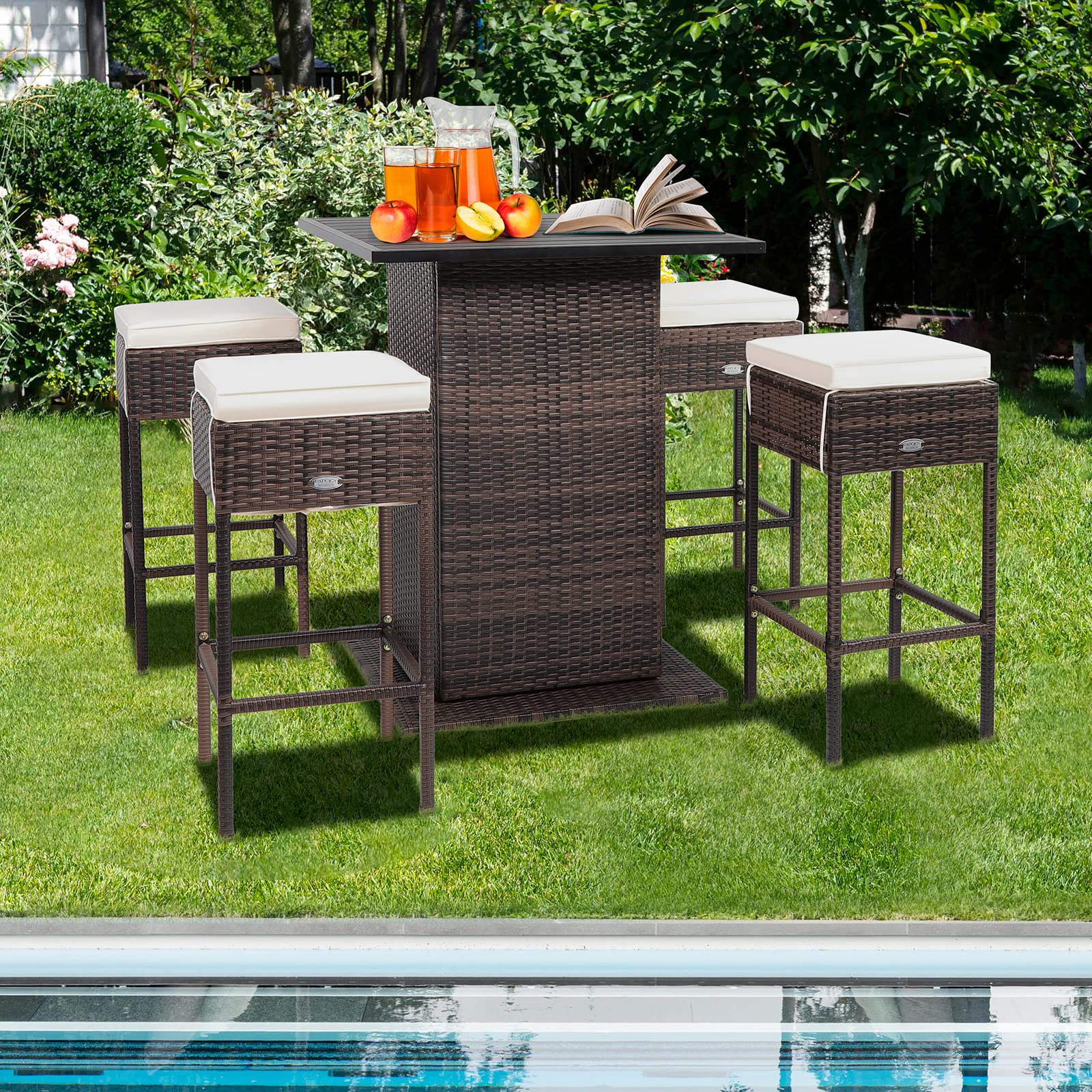 GIANTEX Ensemble de bar extérieur en rotin 5 pièces, table et 4 tabourets hauts avec coussins amovibles