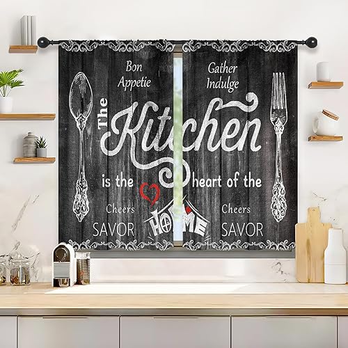 Riyidecor Cortinas de cocina con tablones de madera de granja, color blanco y negro, estilo granero, rústico, retro, rural, occidental, bolsillo