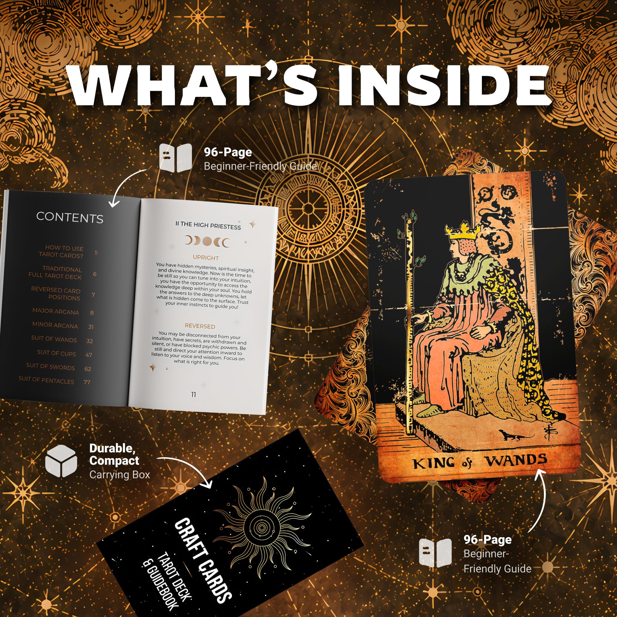 Tarot de 78 cartas originales para principiantes y expertos con libro de guía y bolsa de regalo, juego de adivinación, herramientas de adivinación para todos