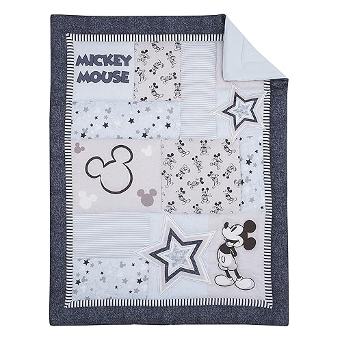 Disney Mickey Mouse - Juego de ropa de cama atemporal de 3 piezas con estrellas e iconos de Mickey Blue, gris, blanco y estrellas, edredón, sábana