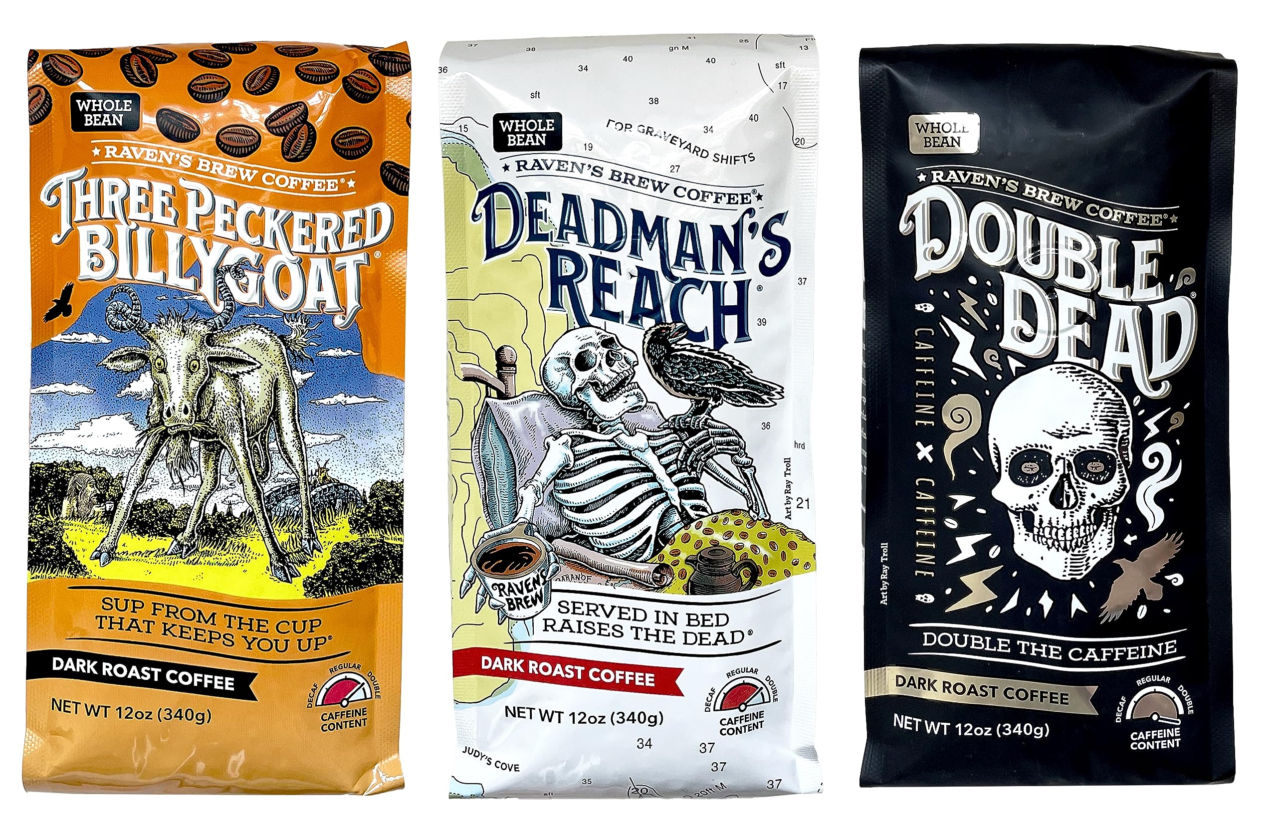 Raven's Brew Whole Bean Variety Pack - 3 Delicious Flavors - Three Peckered Billy Goat, Deadman's Reach and Double Dead - 12oz each