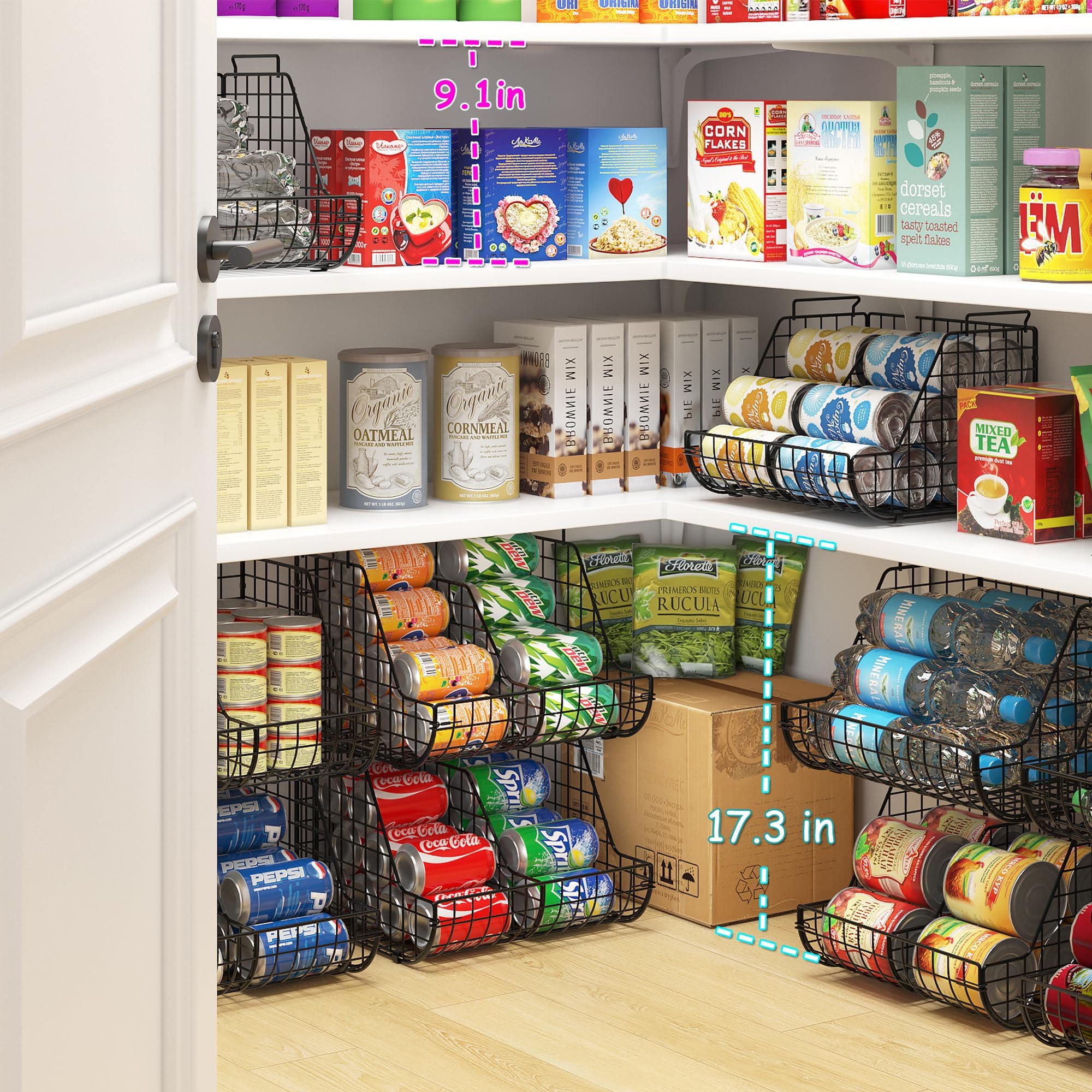 Dispensadores de latas apilables de 3 niveles con 3 divisores, organizador grande de latas de despensa, soporte para botellas de agua de pie, cesta de almacenamiento de latas de refrescos para