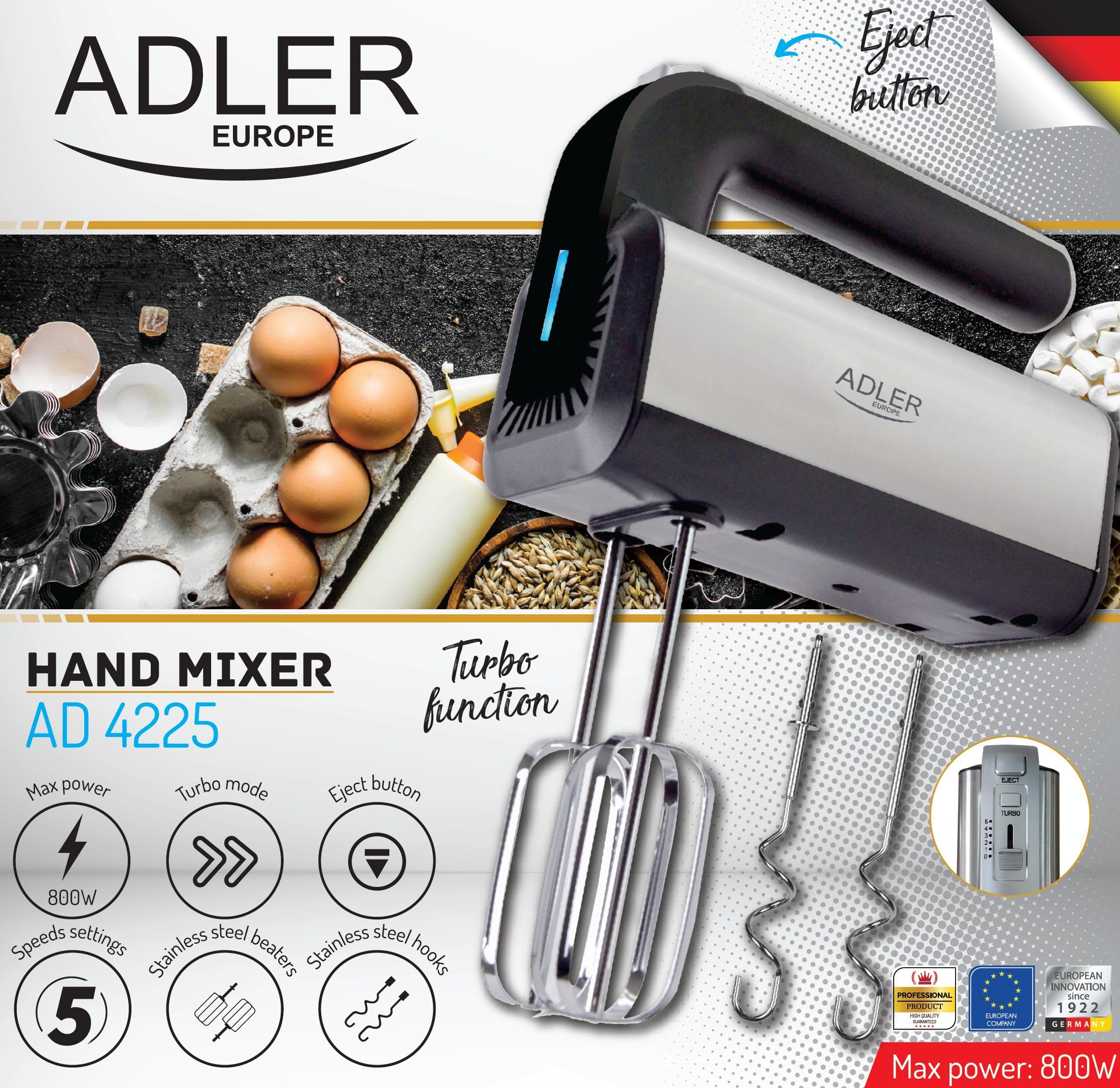Mixer Manuale Mescolatore In Acciaio Inox 5 Velocità 800W Adler AD 4225