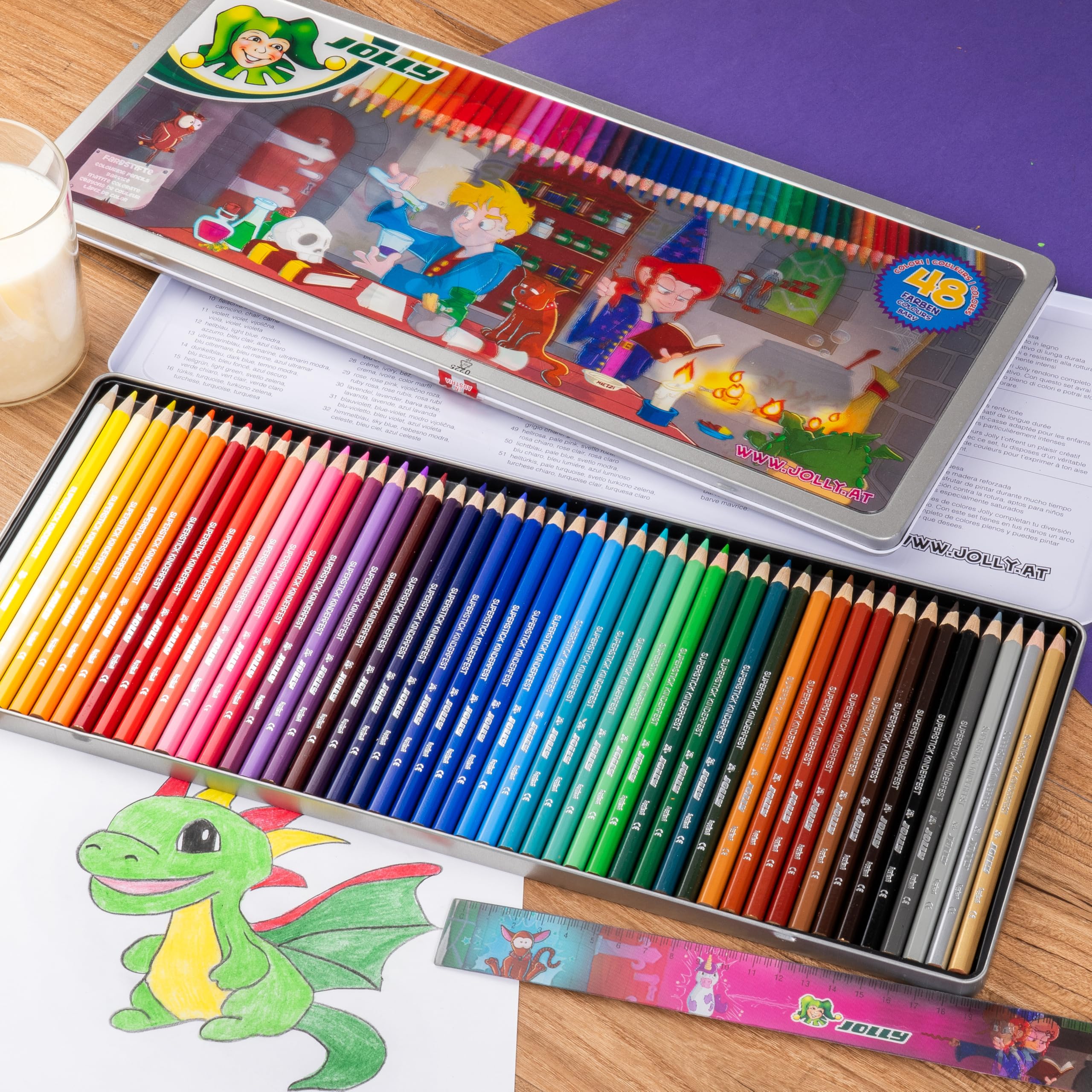 JOLLY, Boxx Magic, 48 penne colorate in legno di tiglio, infrangibili e atossici, colori ricchi e brillanti, con righello, made in Austria