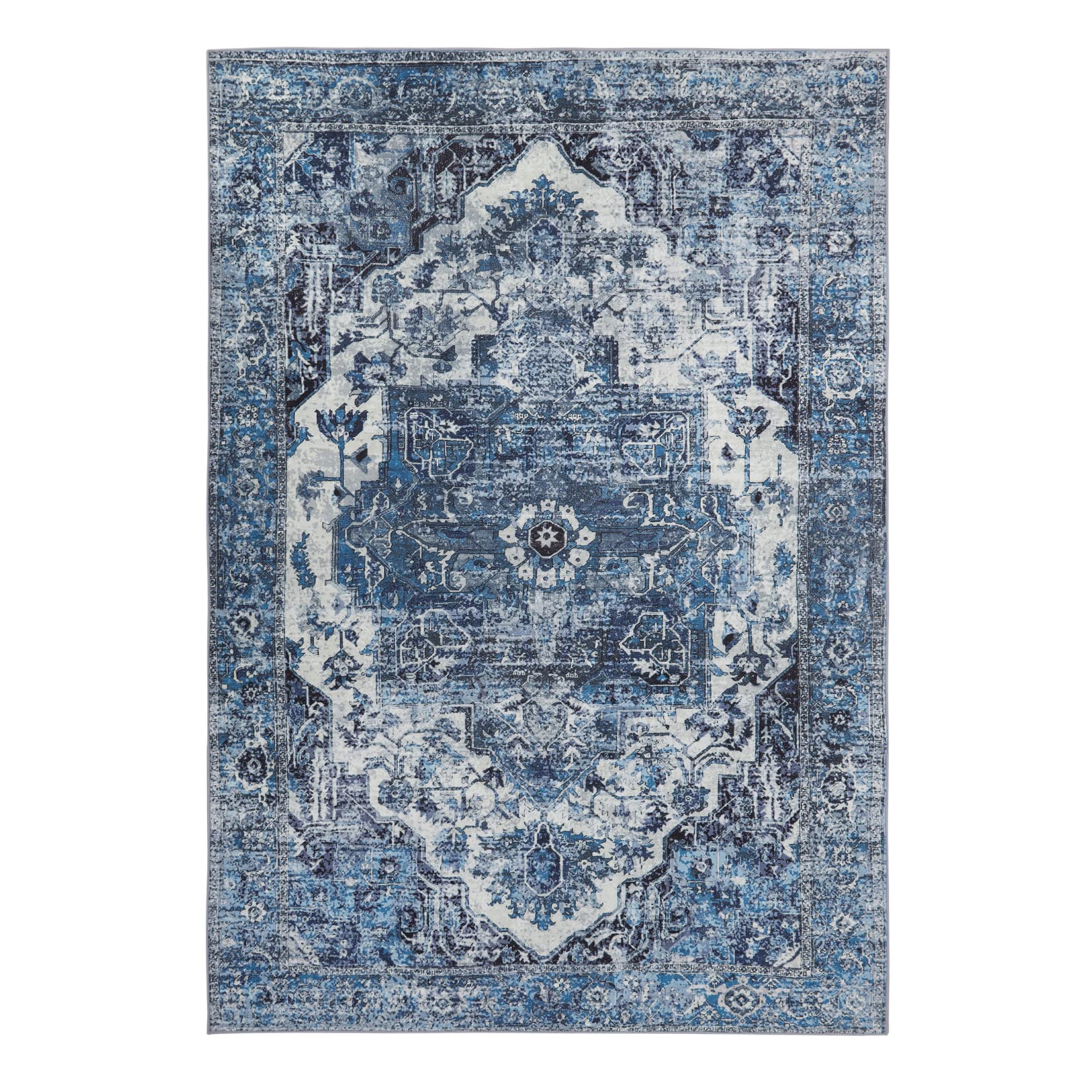 ROYHOME 8x10 Washable Rug for Living Room Foldable Distressed Carpet Floral Print Vintage Area Rug Low-Pile Blue Area Rug for Bedroom Dining Room Home Office, 8' x 10' Blue