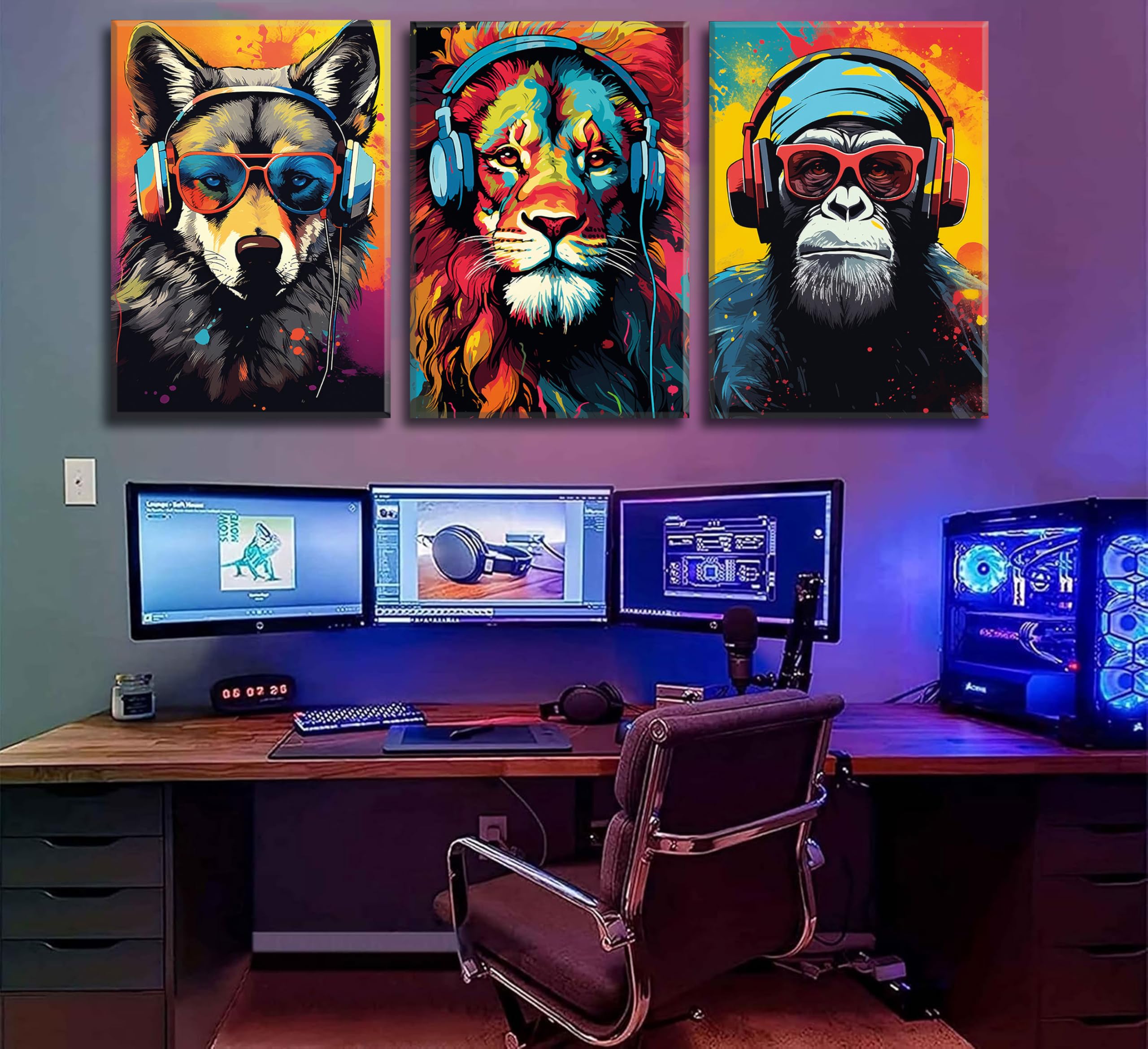 3 x Gaming-Wandkunst, Tier-Graffiti-Poster, Bilder mit Kopfhörern, Sonnenbrille, Gorilla, Tiger, Wolf, coole Gamer-Leinwanddrucke, bunte Graffiti-Gemälde für Teenager, Spiel, Jungenzimmer,