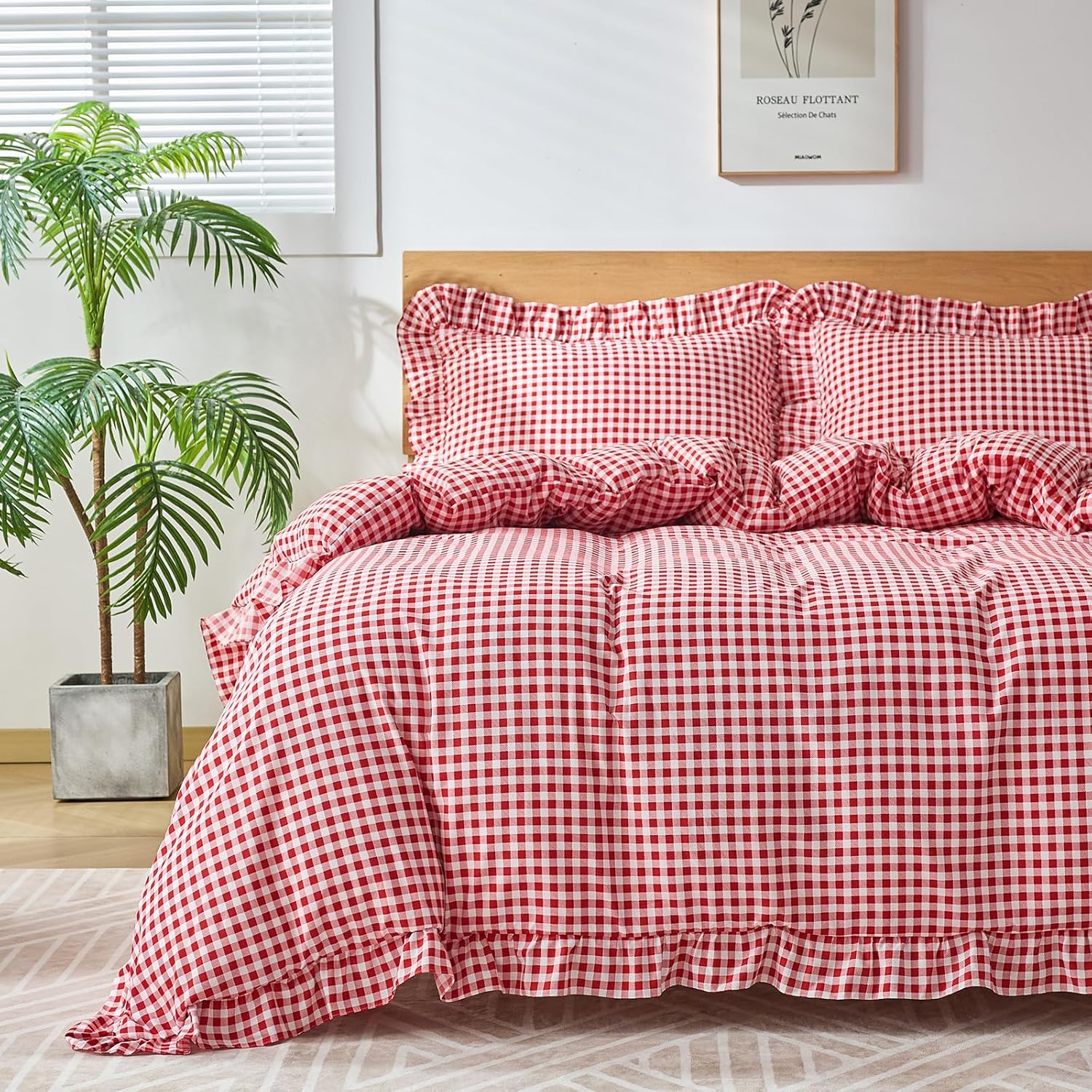 Gingham Duvet Cover Queen Size, 3 Pieces Soft Breathable Microfiber Plaid Comforter Cover with Zipper Closure & 2 Pillow Shams, Ruffle Farmhouse Vintage Decor, Sage Green