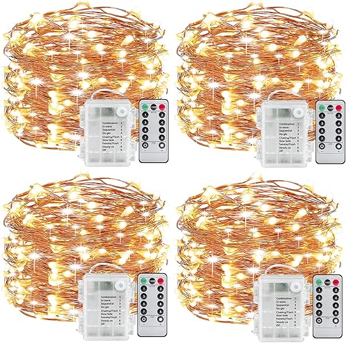 Mikasol Guirnalda de luces de hadas, 4 paquetes de luces LED, funciona con pilas, alambre de cobre impermeable con control remoto, luces de hadas