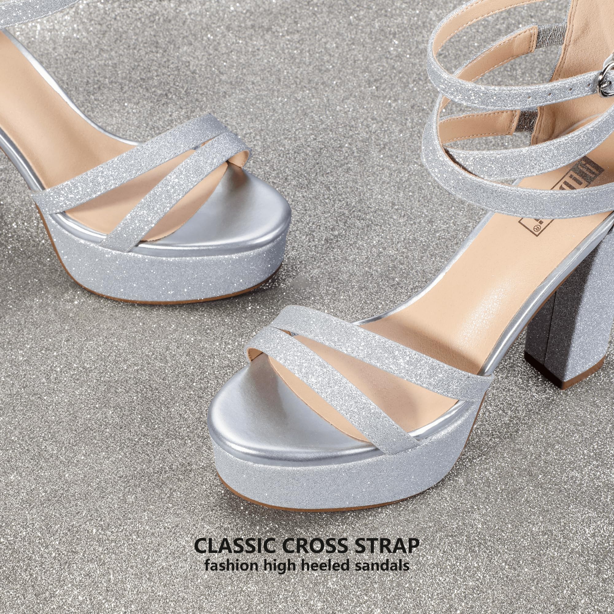 IDIFU Women's Platform Chunky High Heels Dress Sandals Open Toe Ankle Strap Strappy Wedding Bridal Party Dance Shoes For Women Bride: 8.5 M Silver Shiny