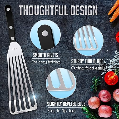Miniatura 8 de MIU - Juego de 2 espátulas de pescado, tamaño 11 y 13 pulgadas, acero inoxidable, flexible, metal pulido, mango de plástico, espátula ranurada,